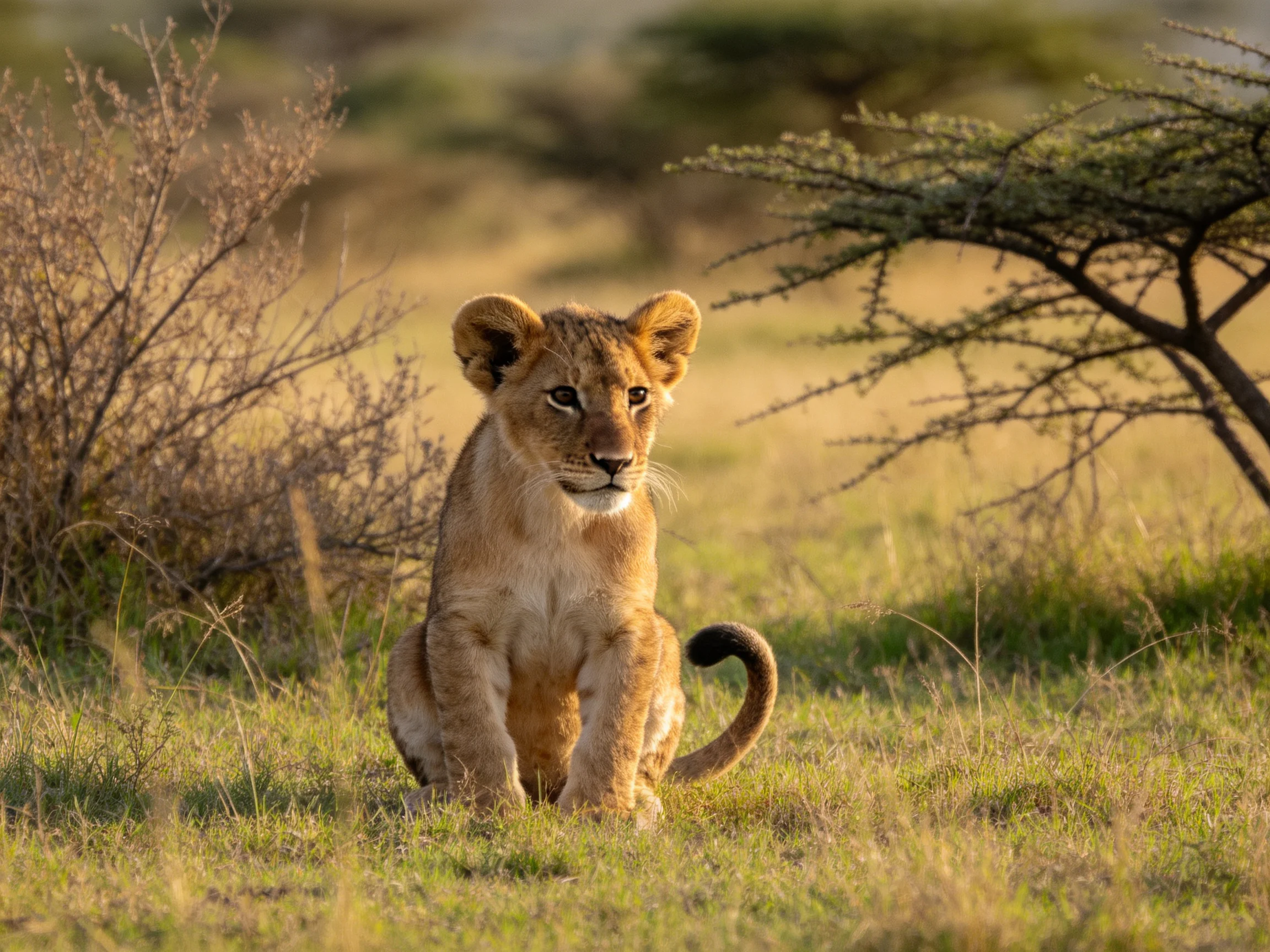 A young lion cub rests in a sunlit savannah landscape.