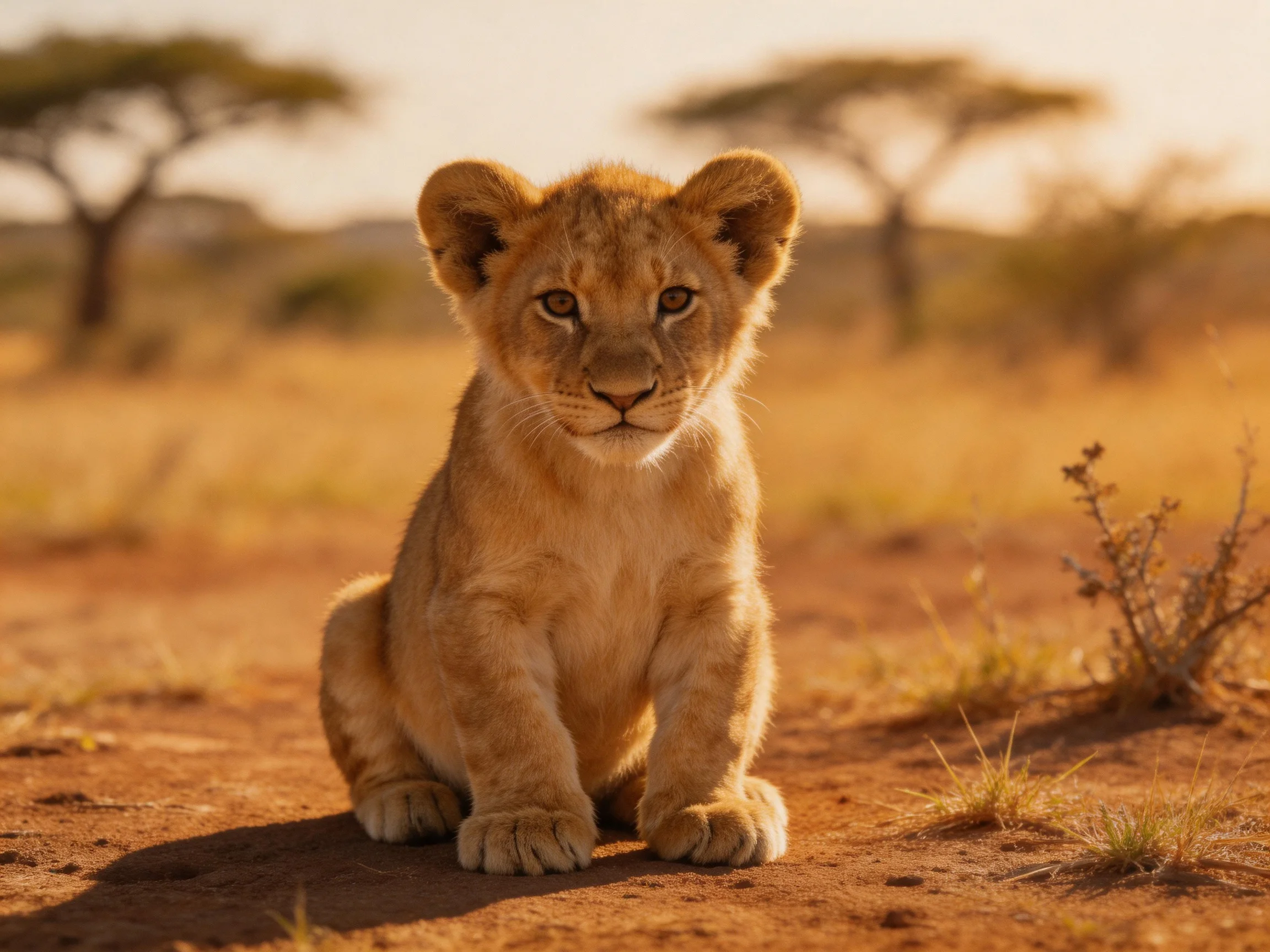 A young lion cub sits calmly in a sunlit savannah.