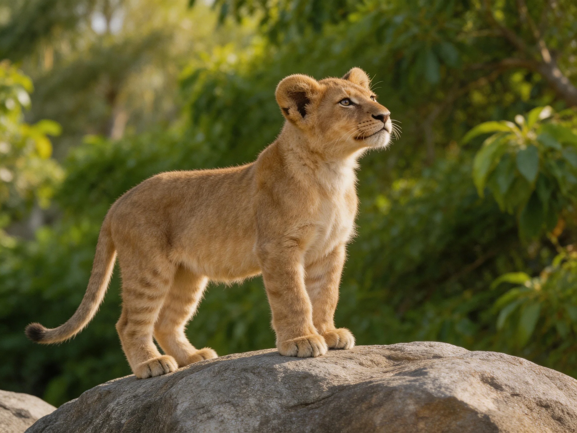 A young lion cub stands on a large rock surrounded by lush green vegetation