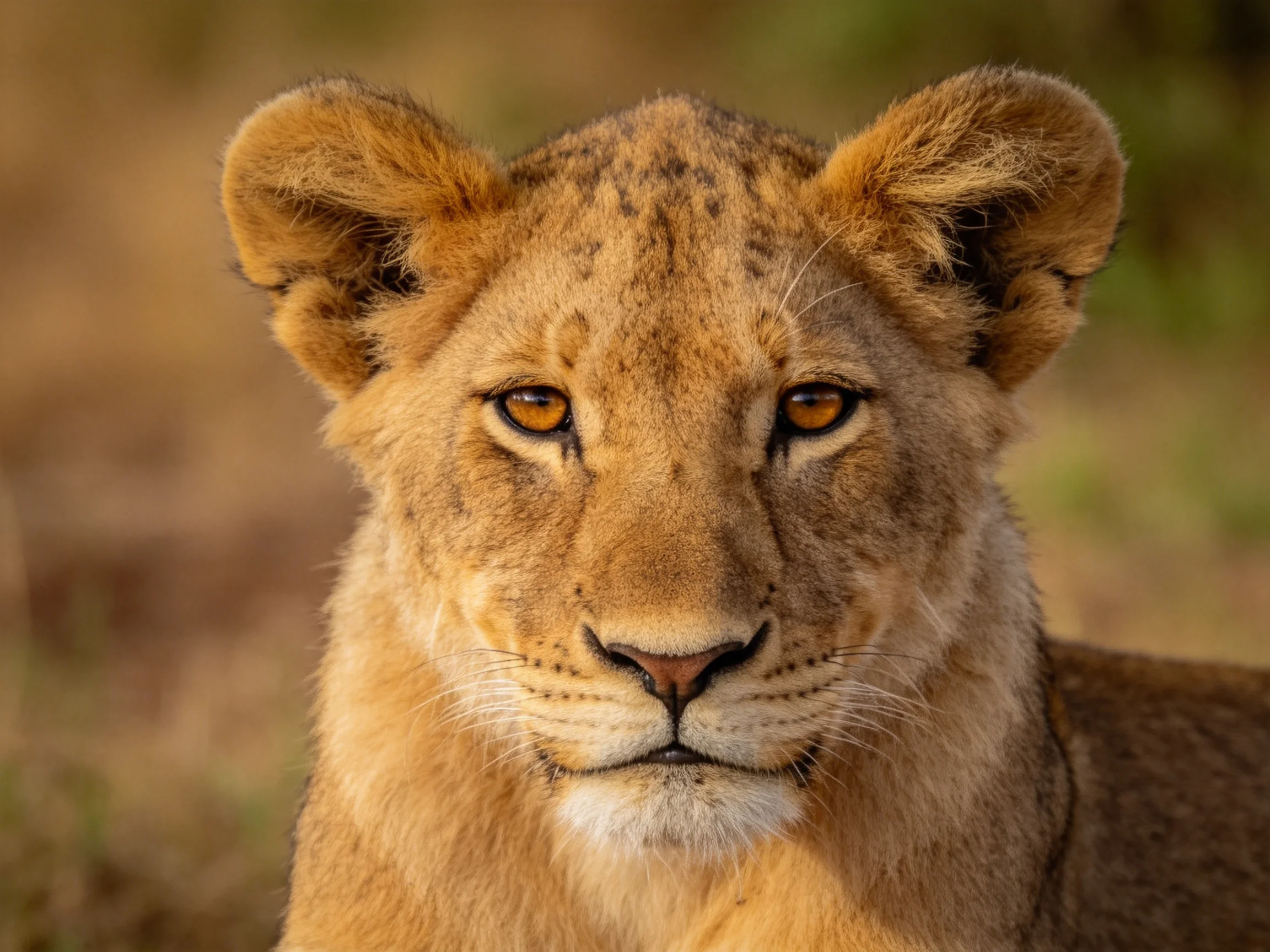 A young lion cub stares directly at the camera