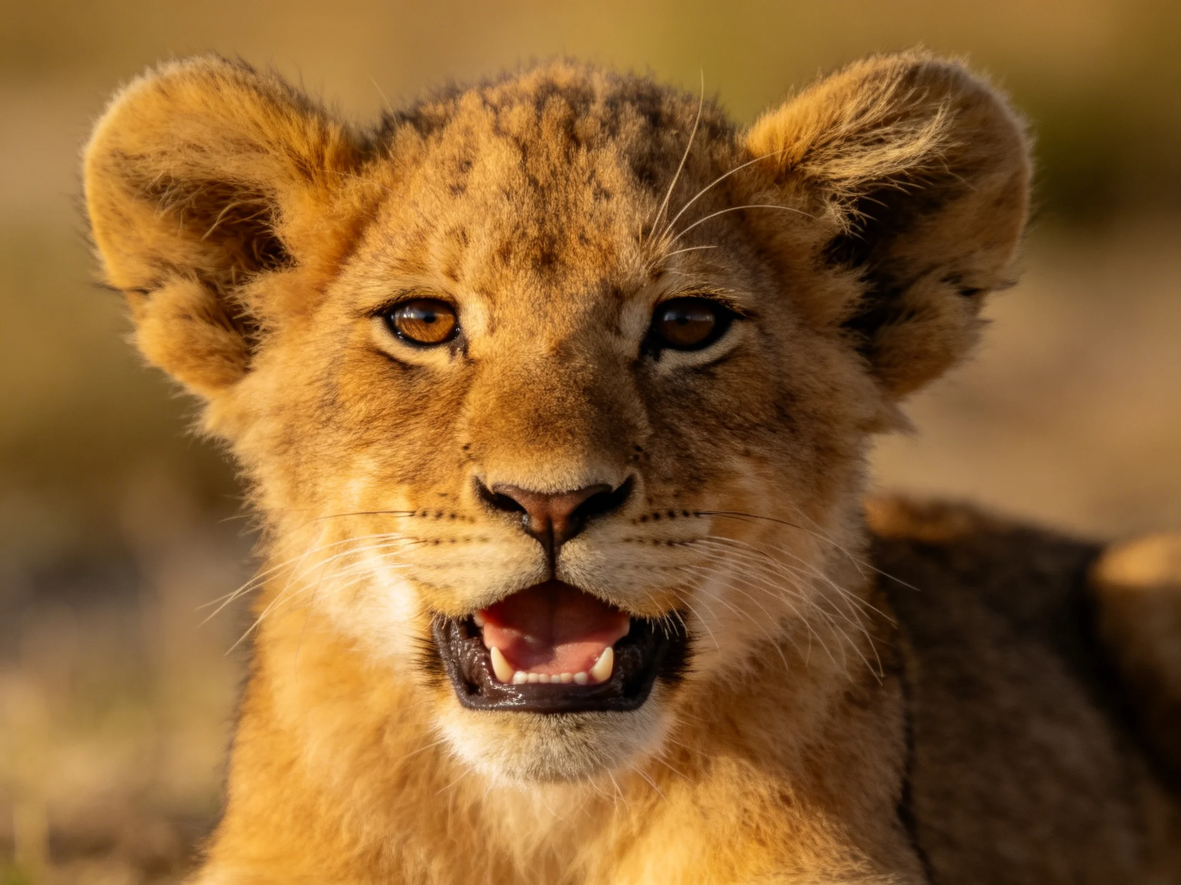 A young lion cub with tawny fur is captured up close in a sunlit setting.