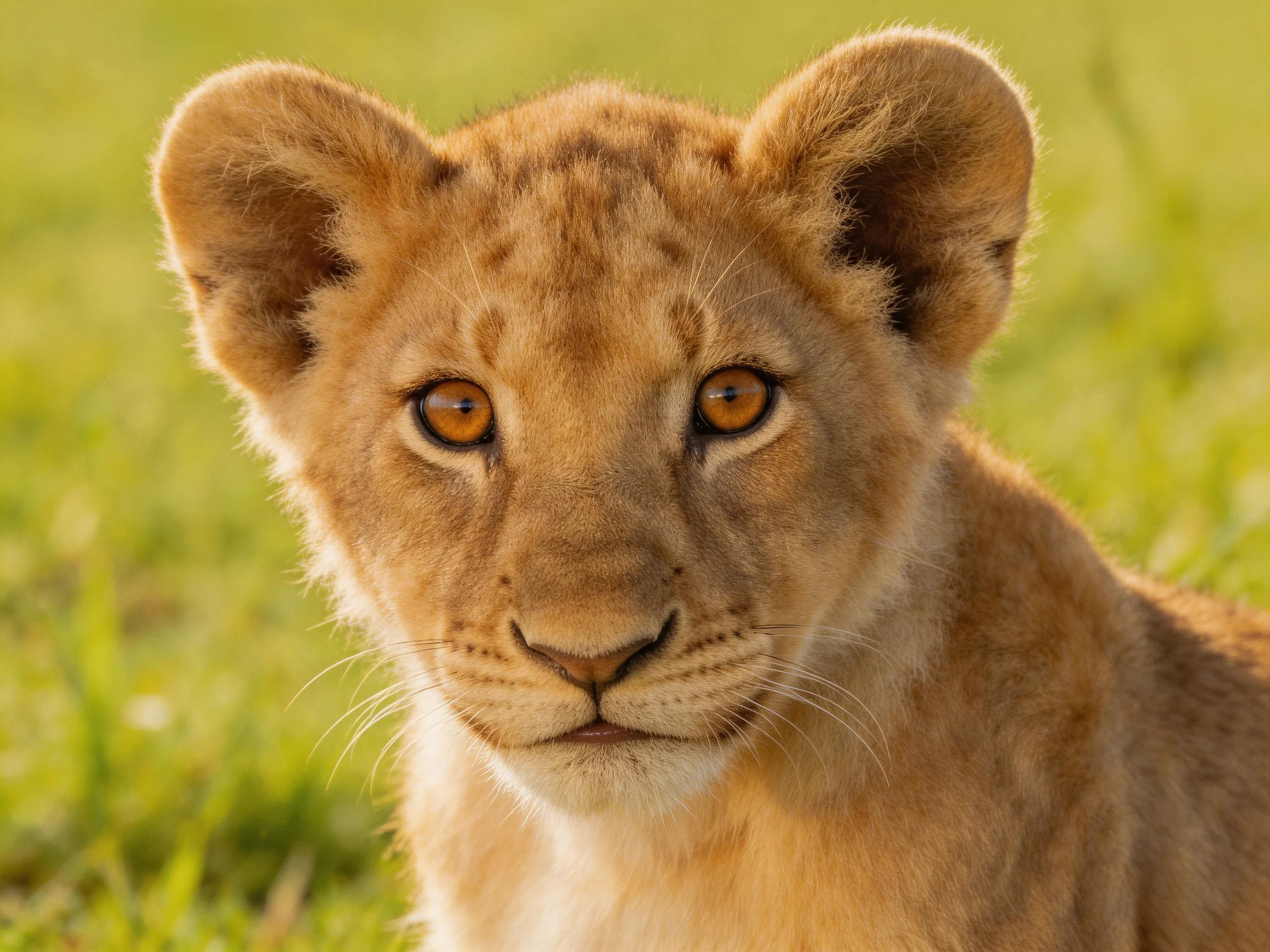 A young lion cub stares directly at the camera in a sunlit outdoor space.