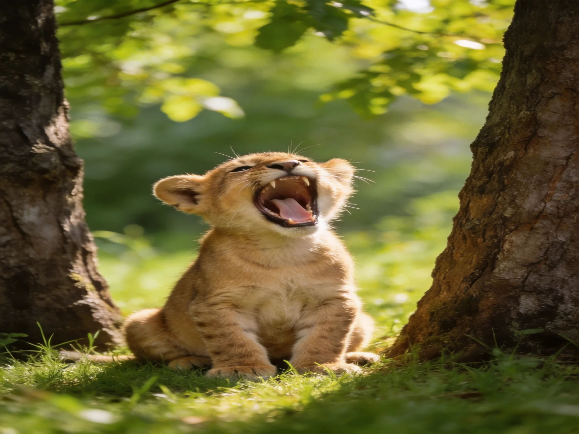A young lion cub yawns while sitting between two tree trunks in a sunlit area.