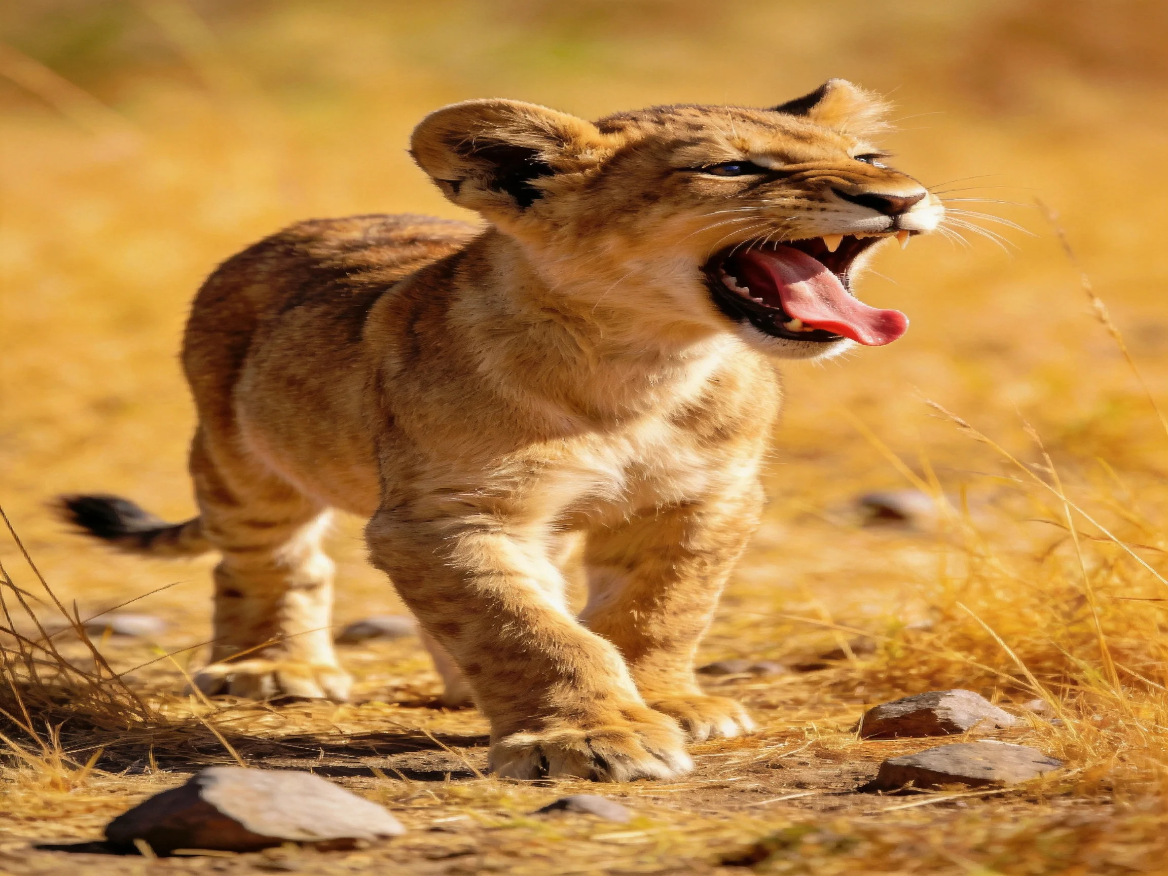 A young lion cub yawns while exploring the sunlit savannah.