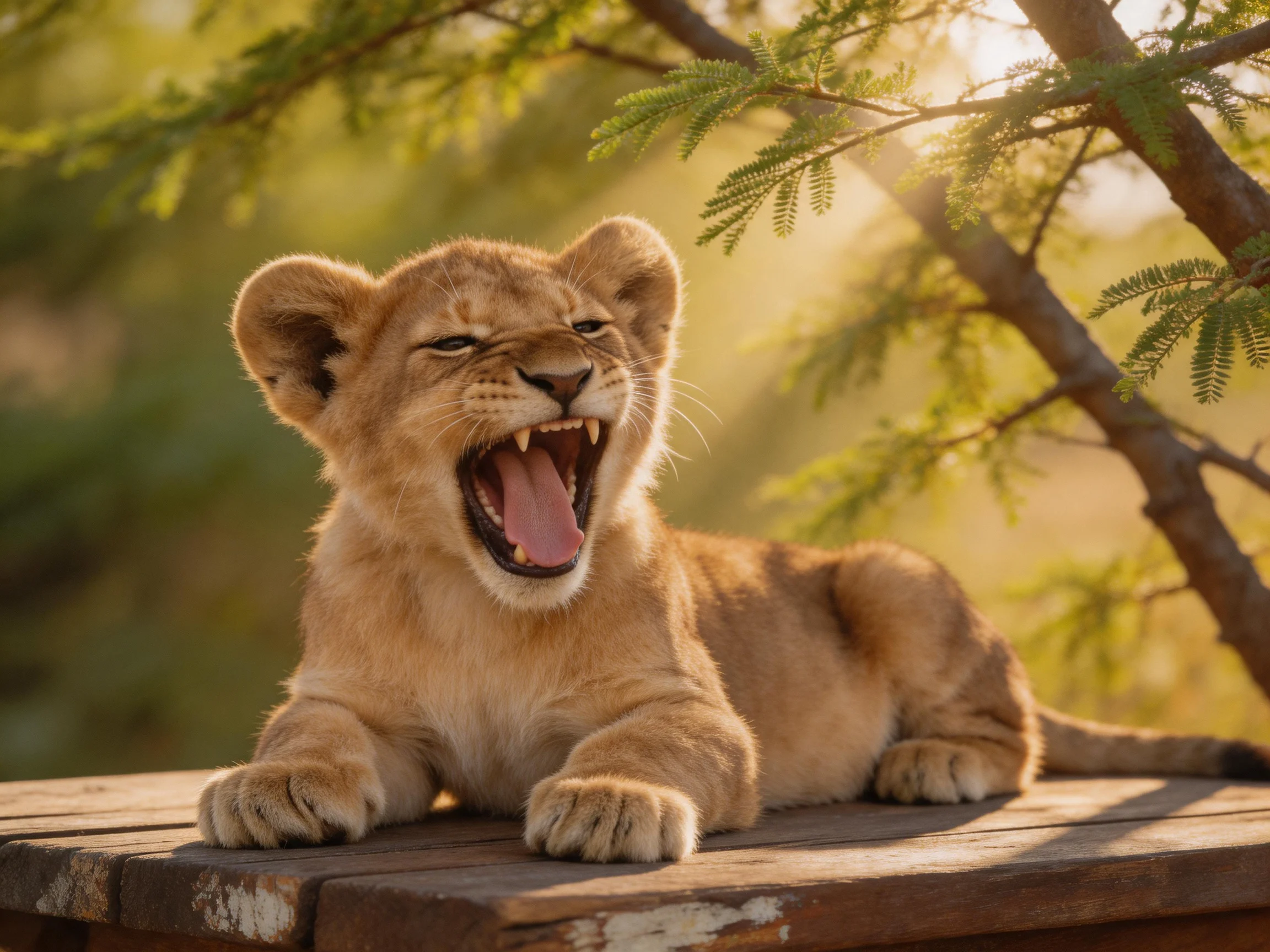 A young lion cub yawns while resting on a wooden platform in a sunlit environment.