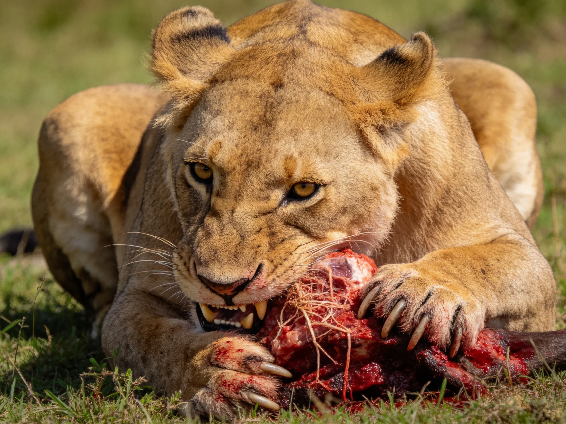 A young lioness consuming raw meat on green grass