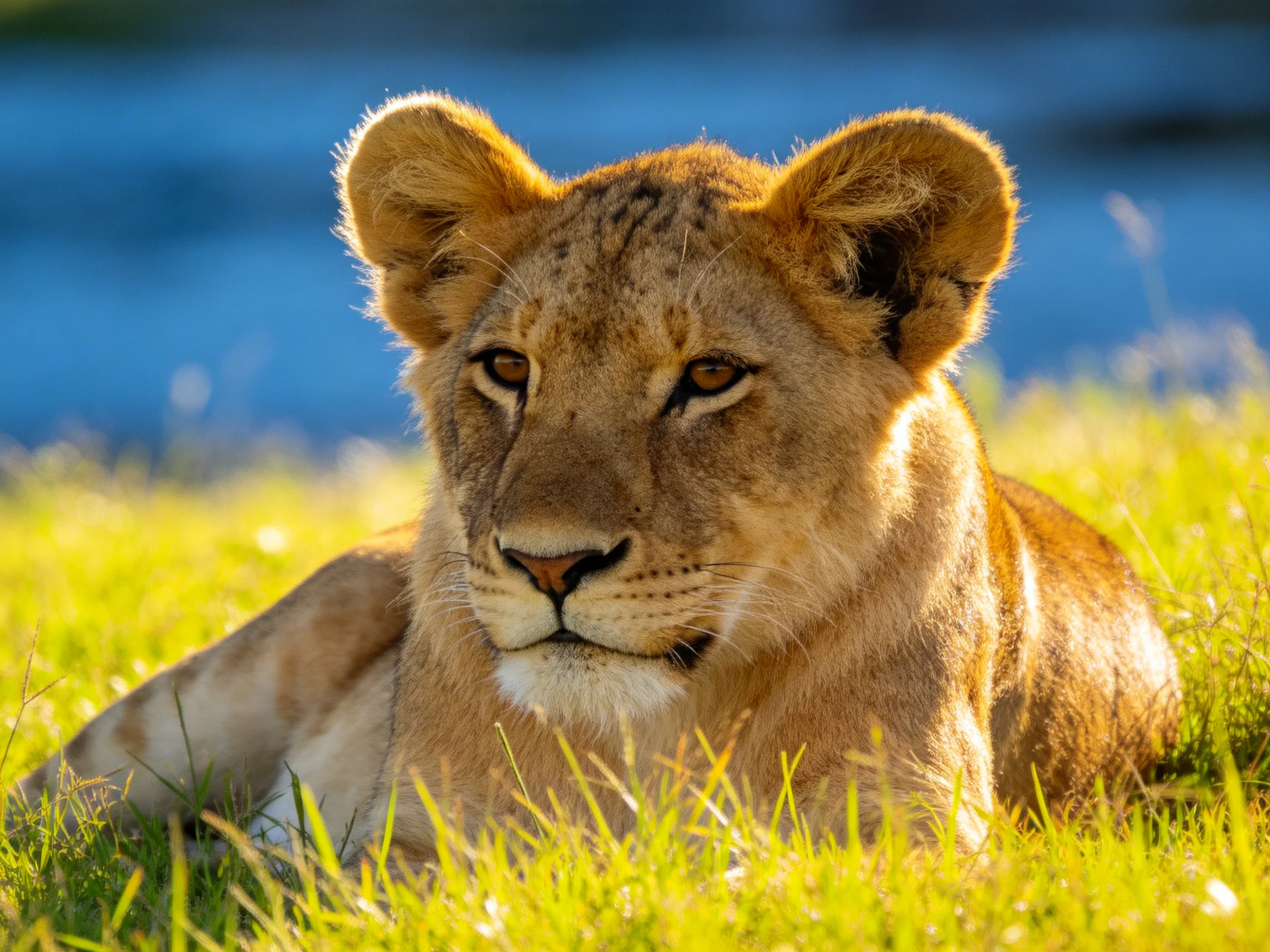 A young lioness lies calmly in green grass with a blue backdrop.