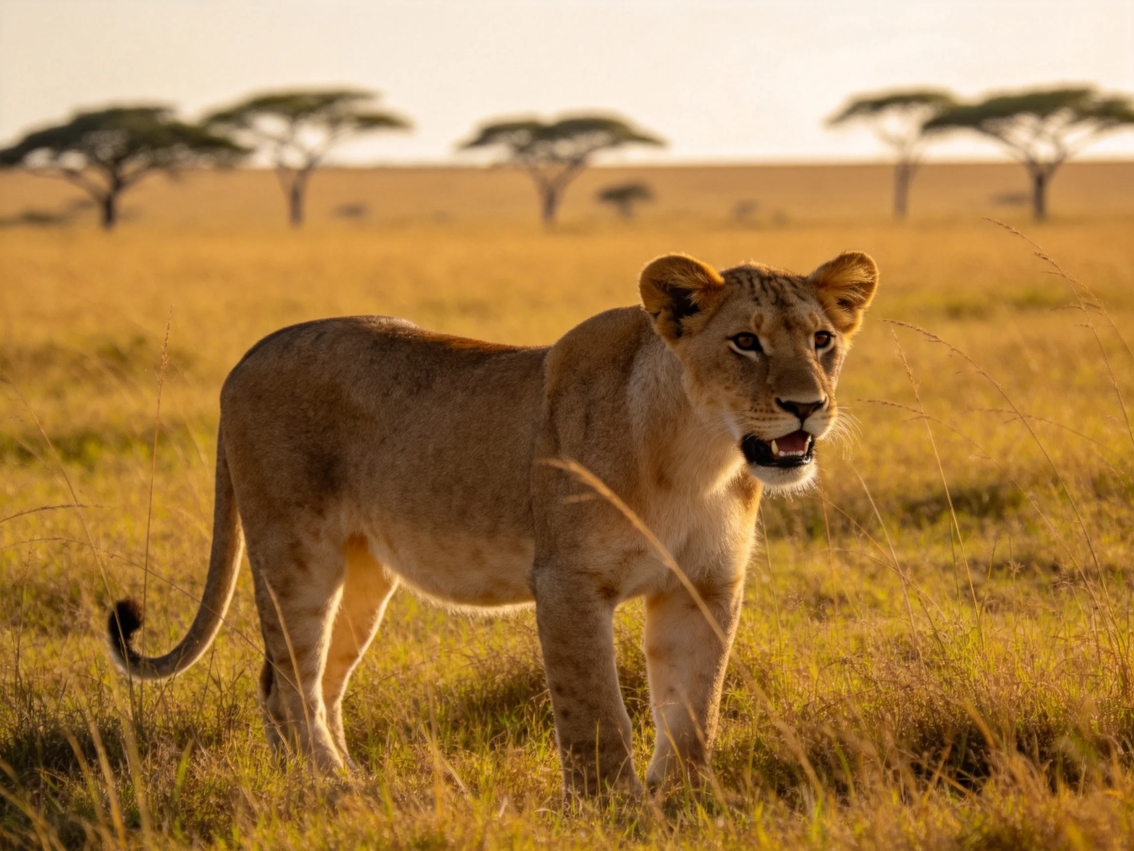 A young lioness stands alert in the savannah with acacia trees nearby.