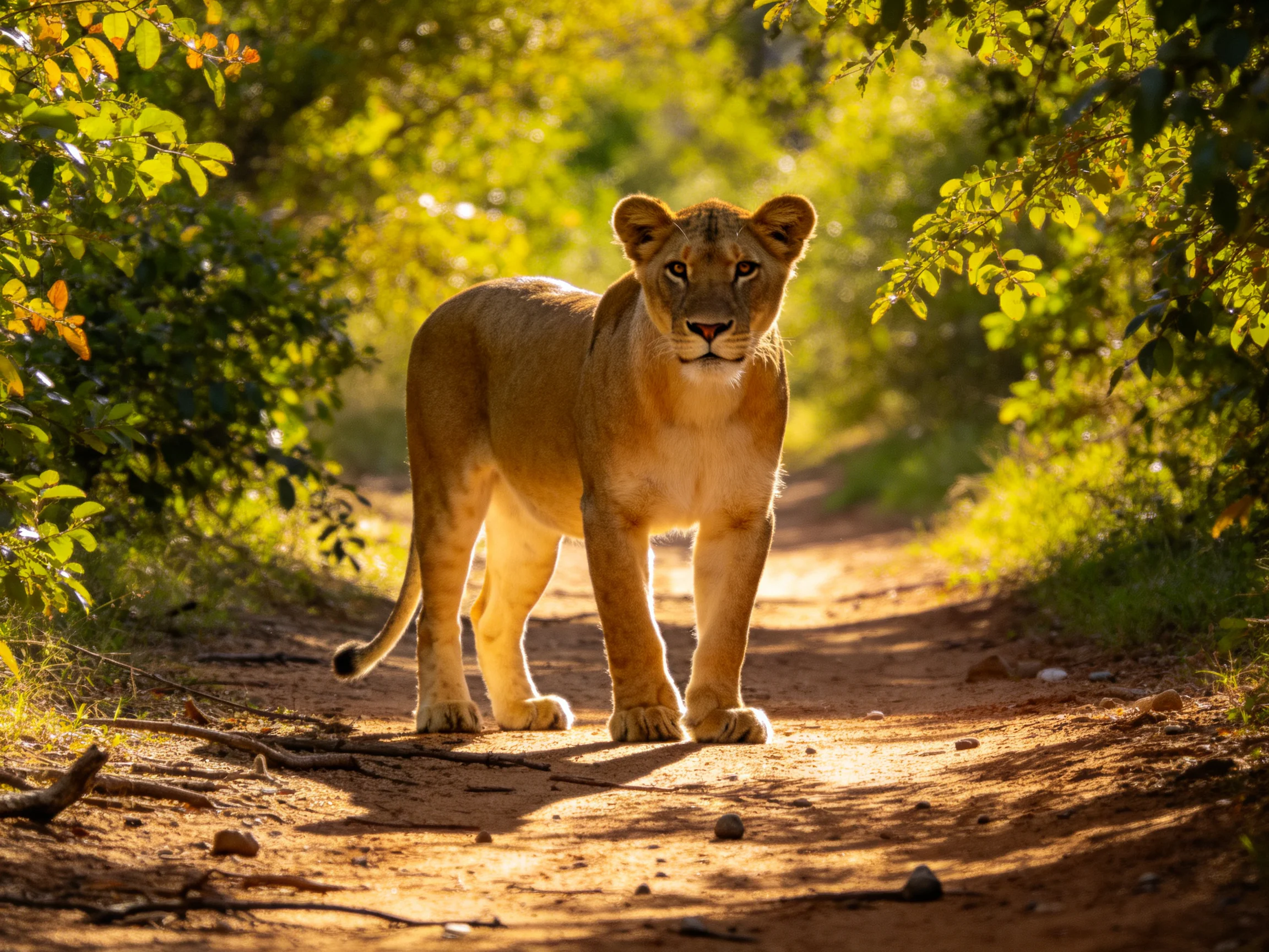 A lioness walks along a sunlit dirt path surrounded by greenery.
