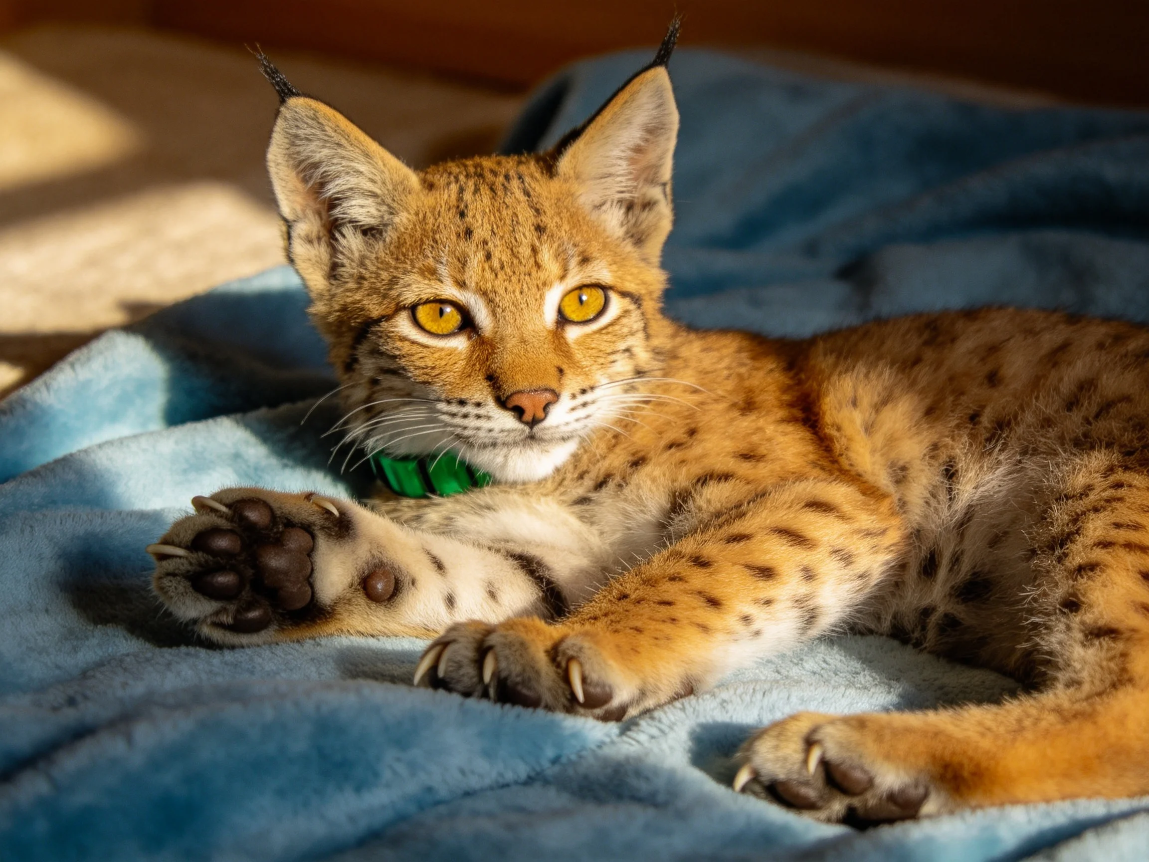 A young lynx cub relaxes on a blue blanket under sunlight.