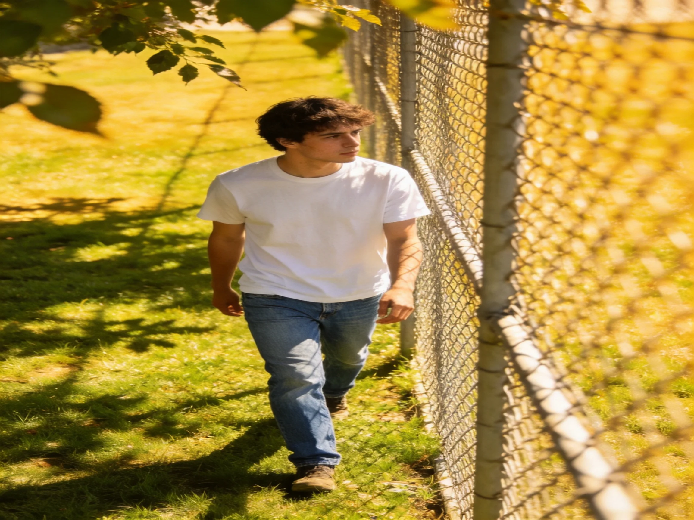 A young man in a white t-shirt walks beside a chain-link fence on sunny grass