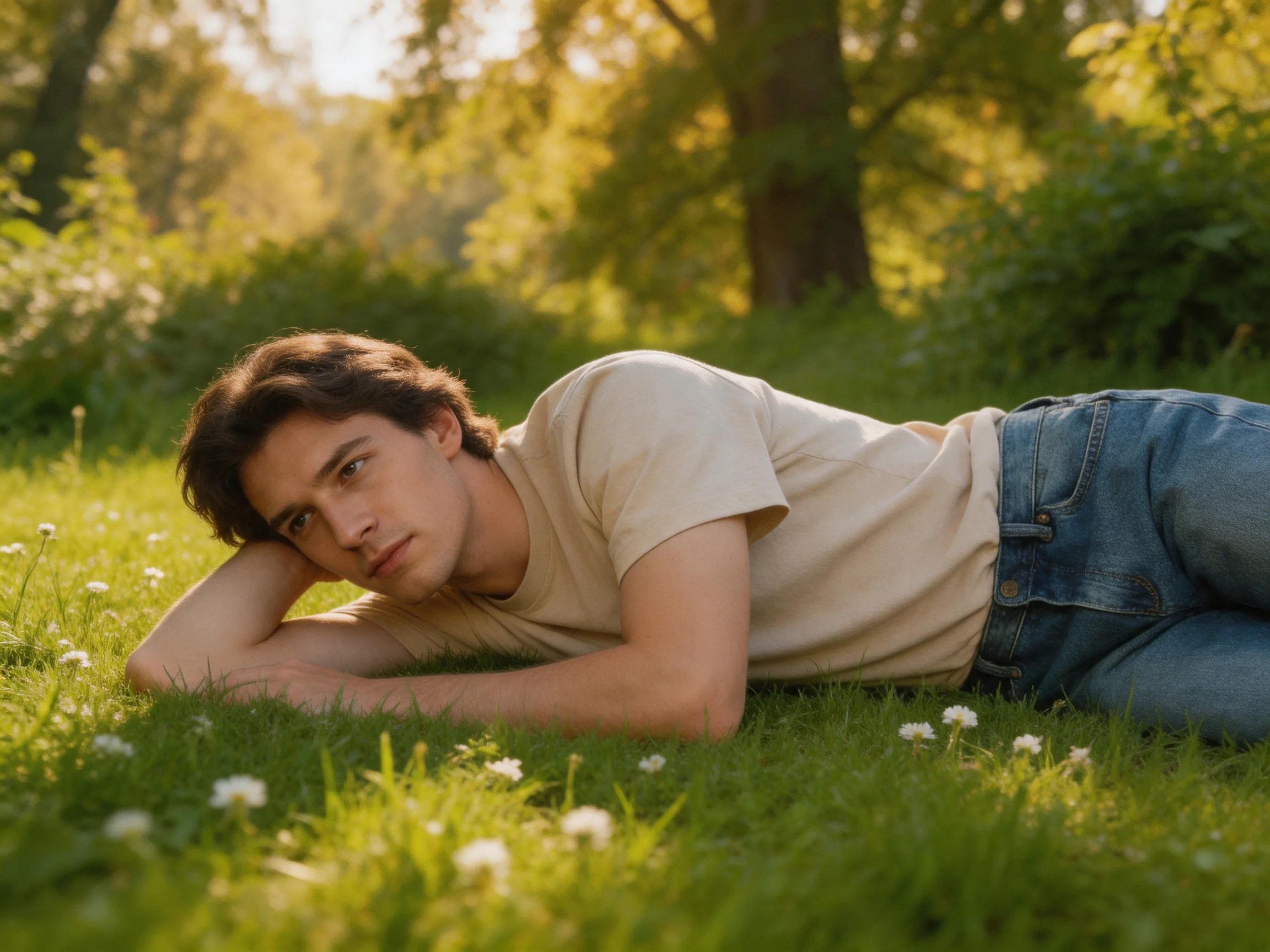 A young man relaxes on grass in a sunlit natural outdoor setting.
