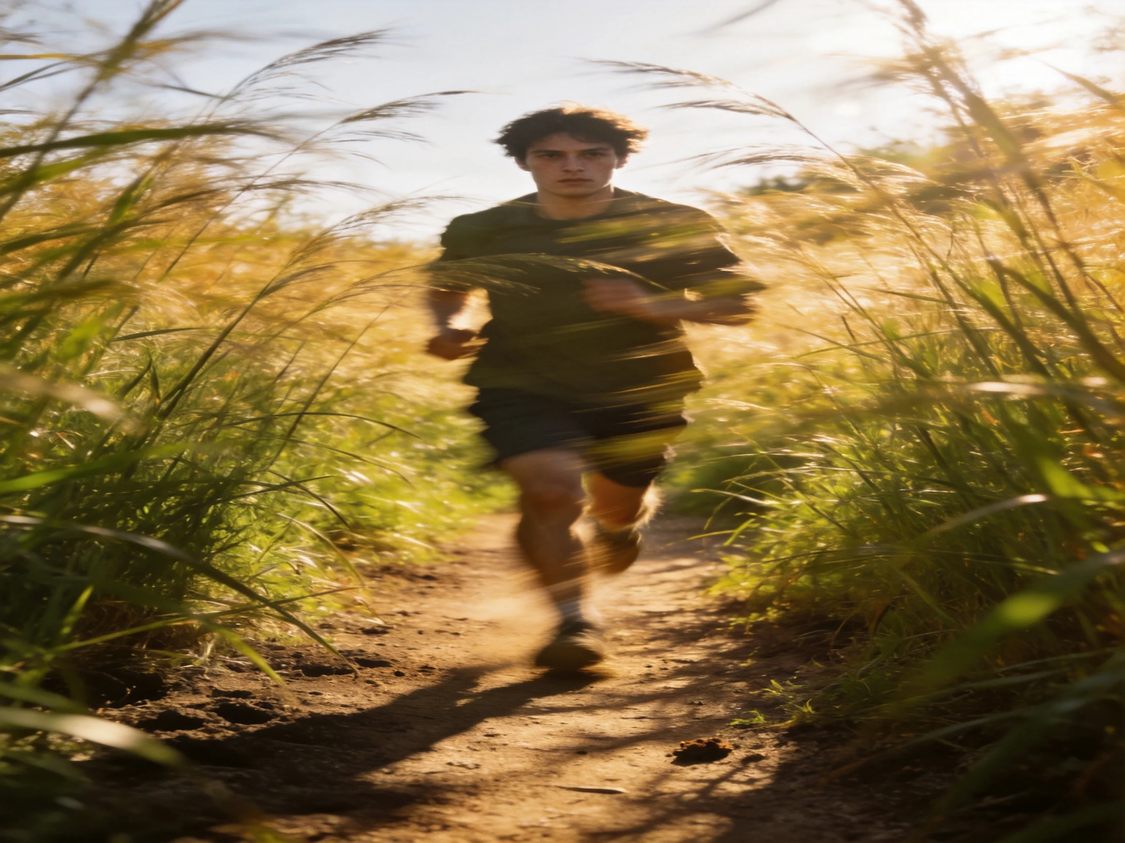 A young man sprints down a sunlit dirt trail bordered by tall grass.
