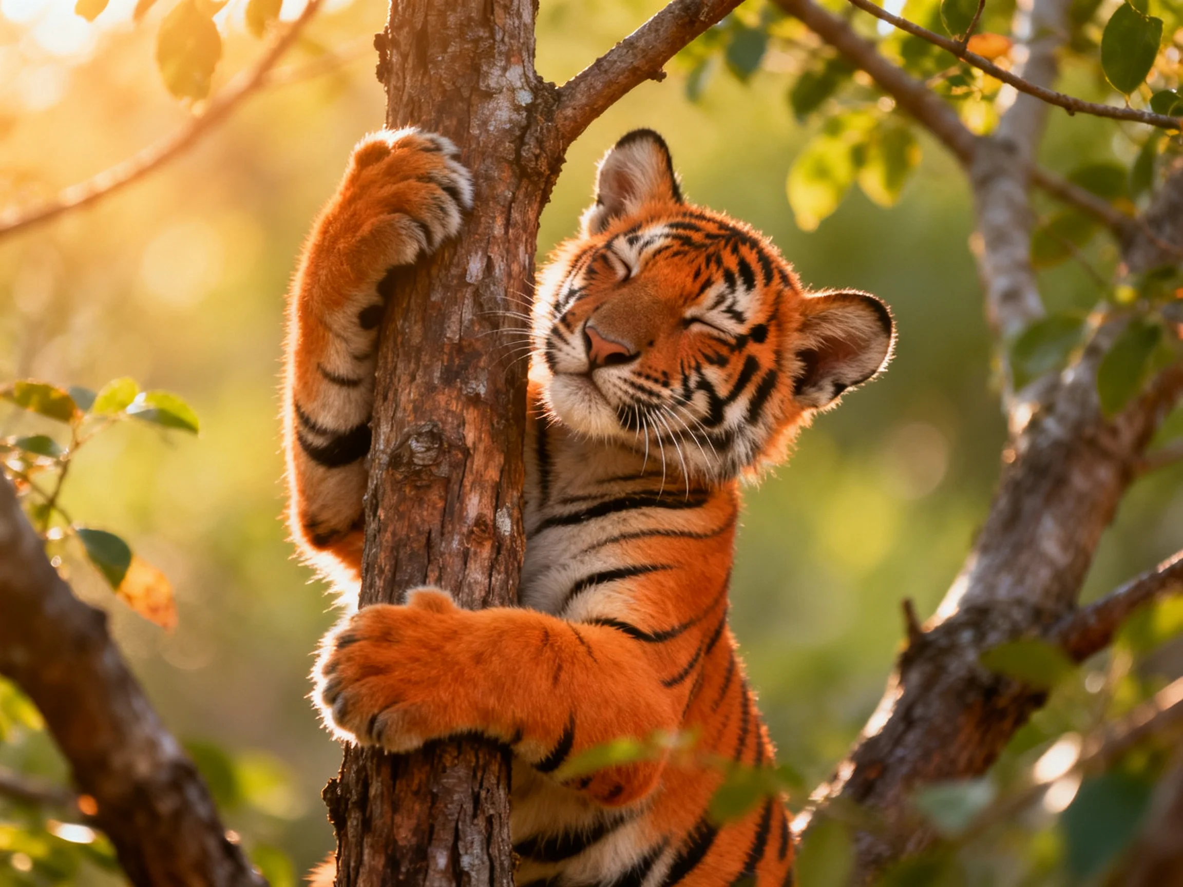 A young tiger cub clings to a tree trunk in a sunlit forest setting.