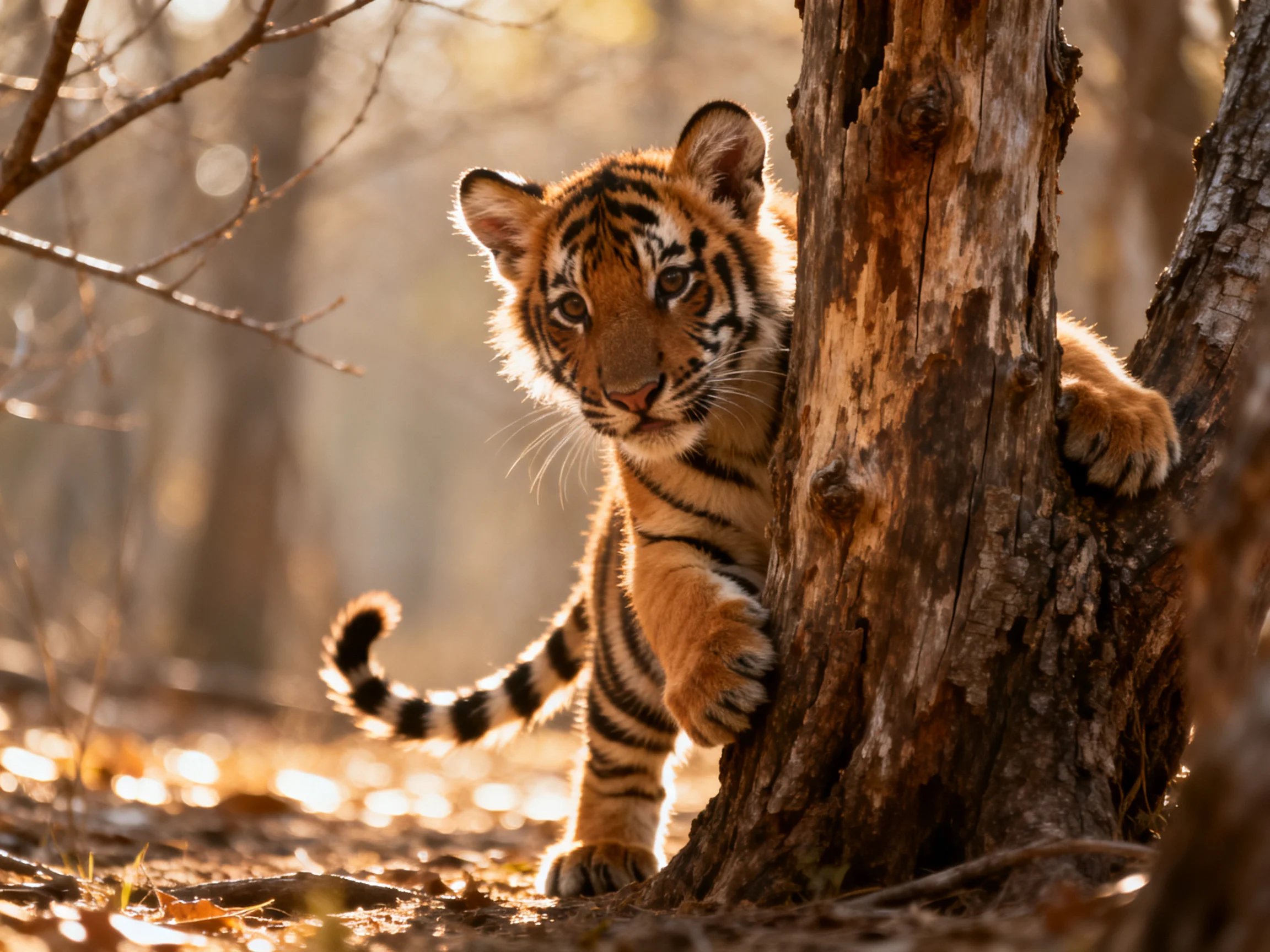 A young tiger cub peeks from behind a tree in a sunlit forest.