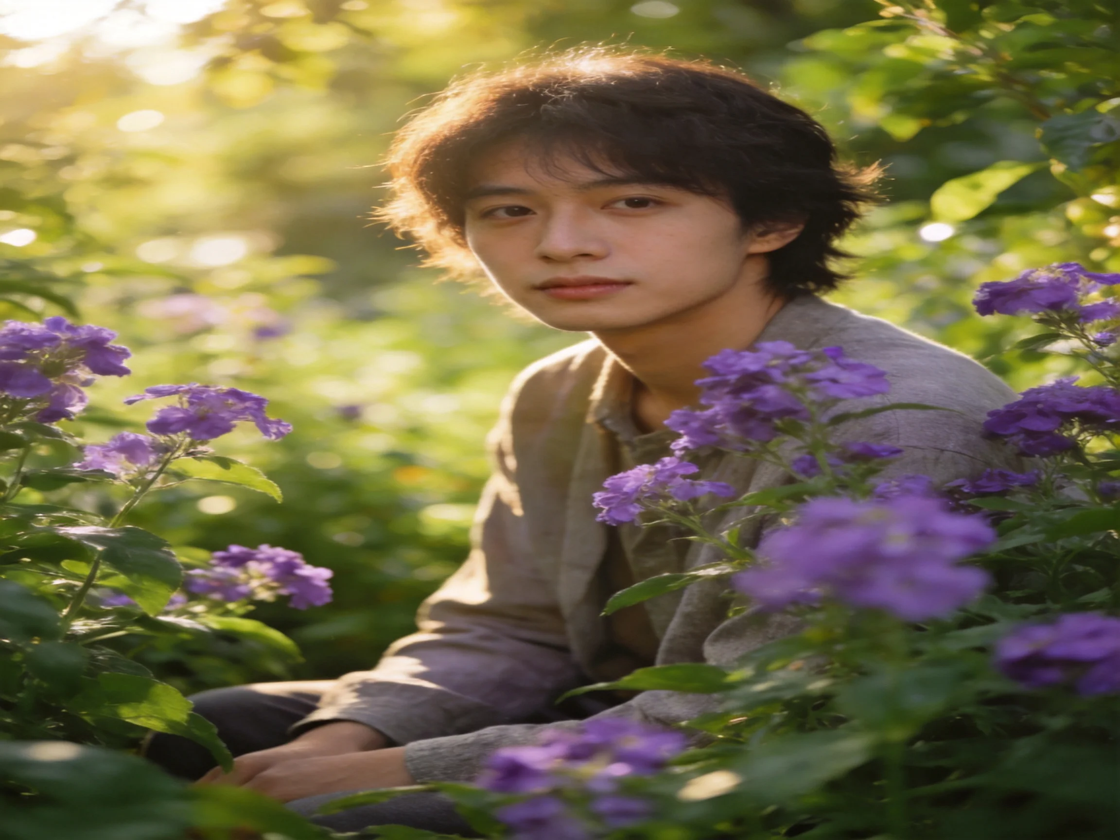 A person sits among purple flowers and greenery in a sunlit outdoor setting.
