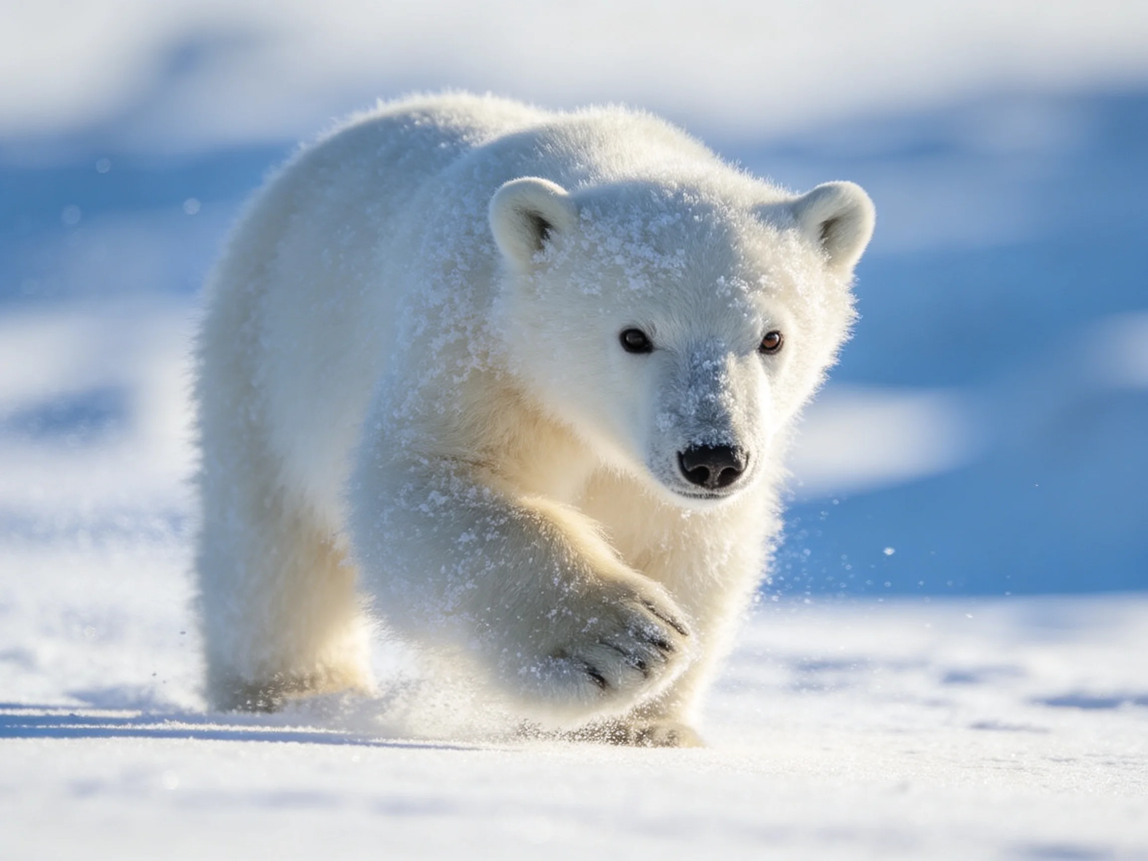 A young polar bear cub runs energetically through the snow.