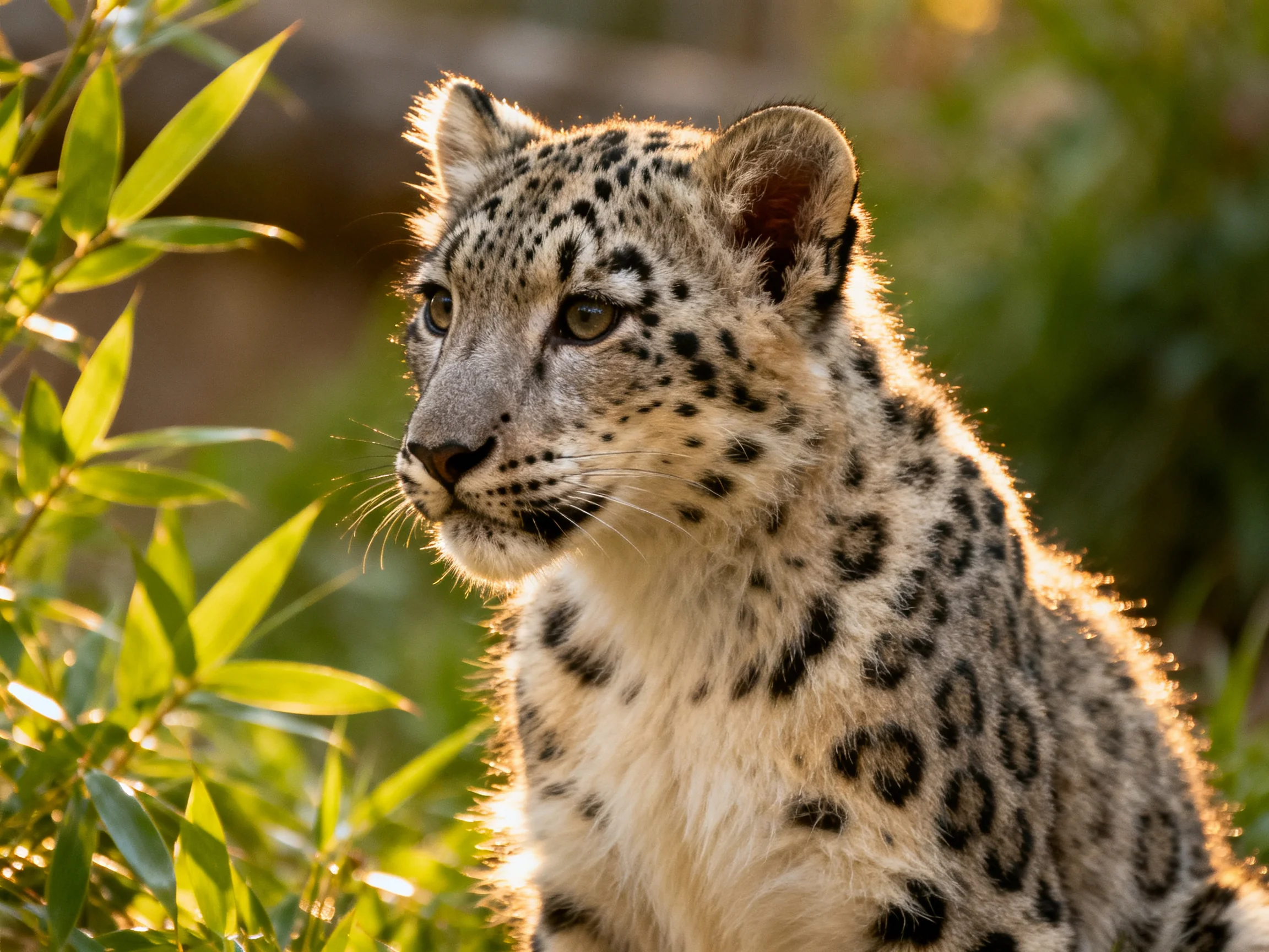 A young snow leopard cub sits among green plants, lit by warm sunlight.