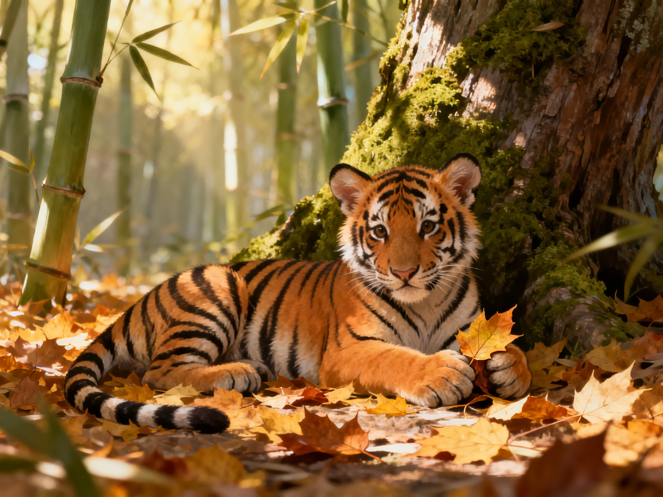 A young tiger cub lies among autumn leaves next to a mossy tree in a sunlit forest.