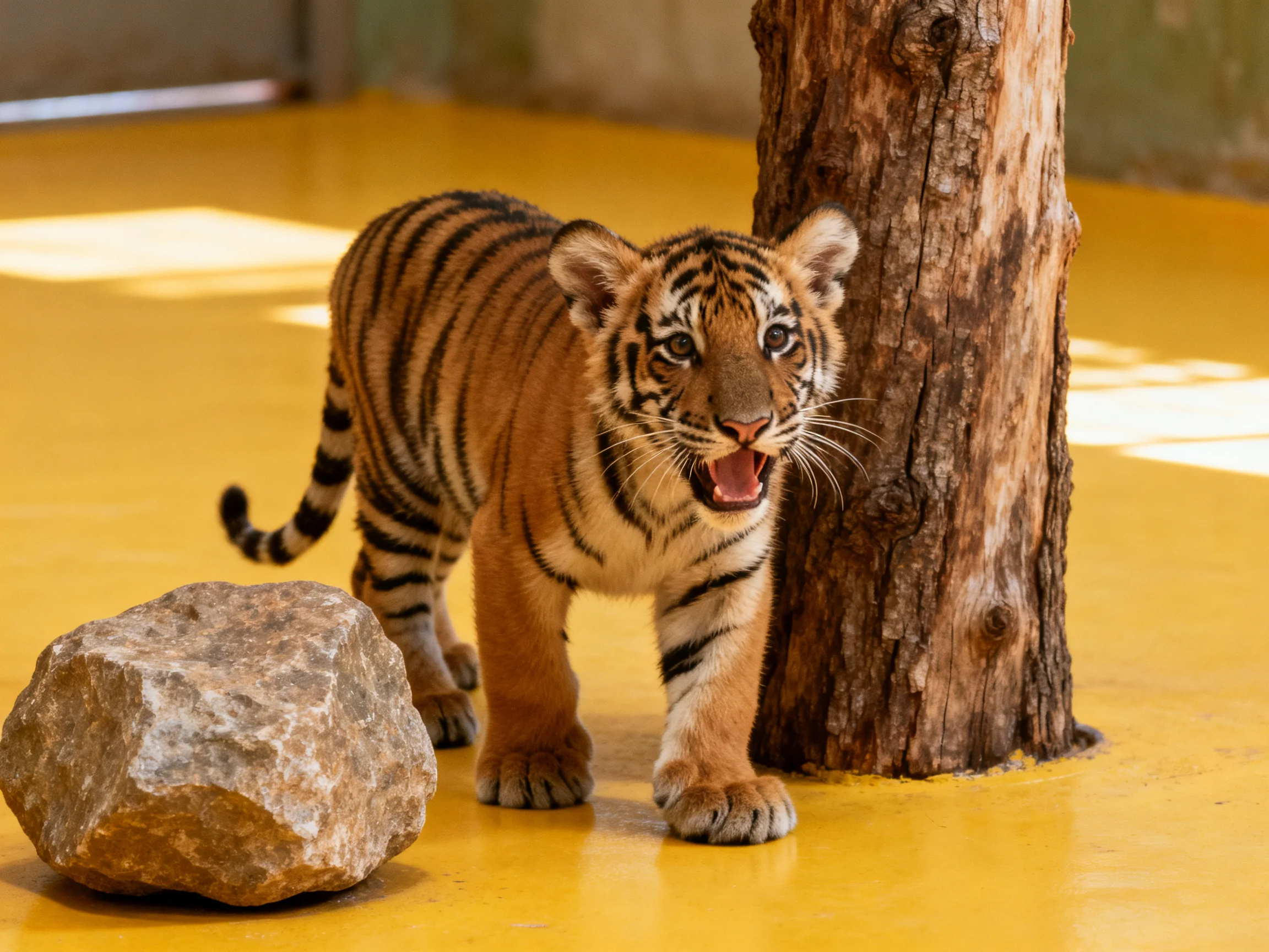 A young tiger cub stands near a tree trunk and large rock on a yellow surface.