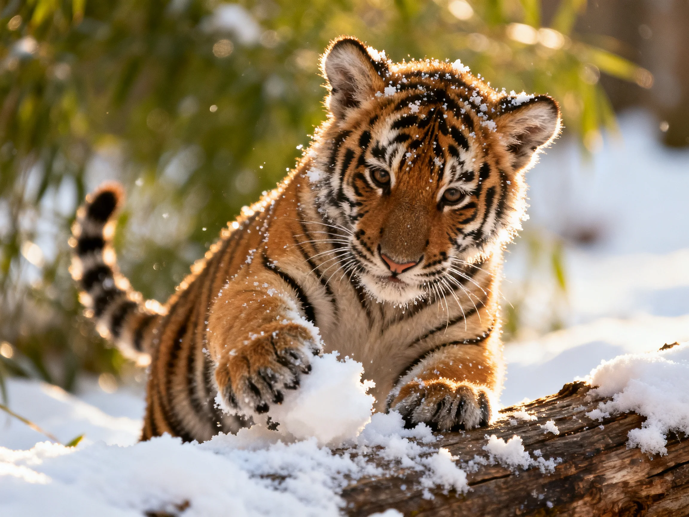 A young tiger cub plays with snow next to a log in a snowy setting.
