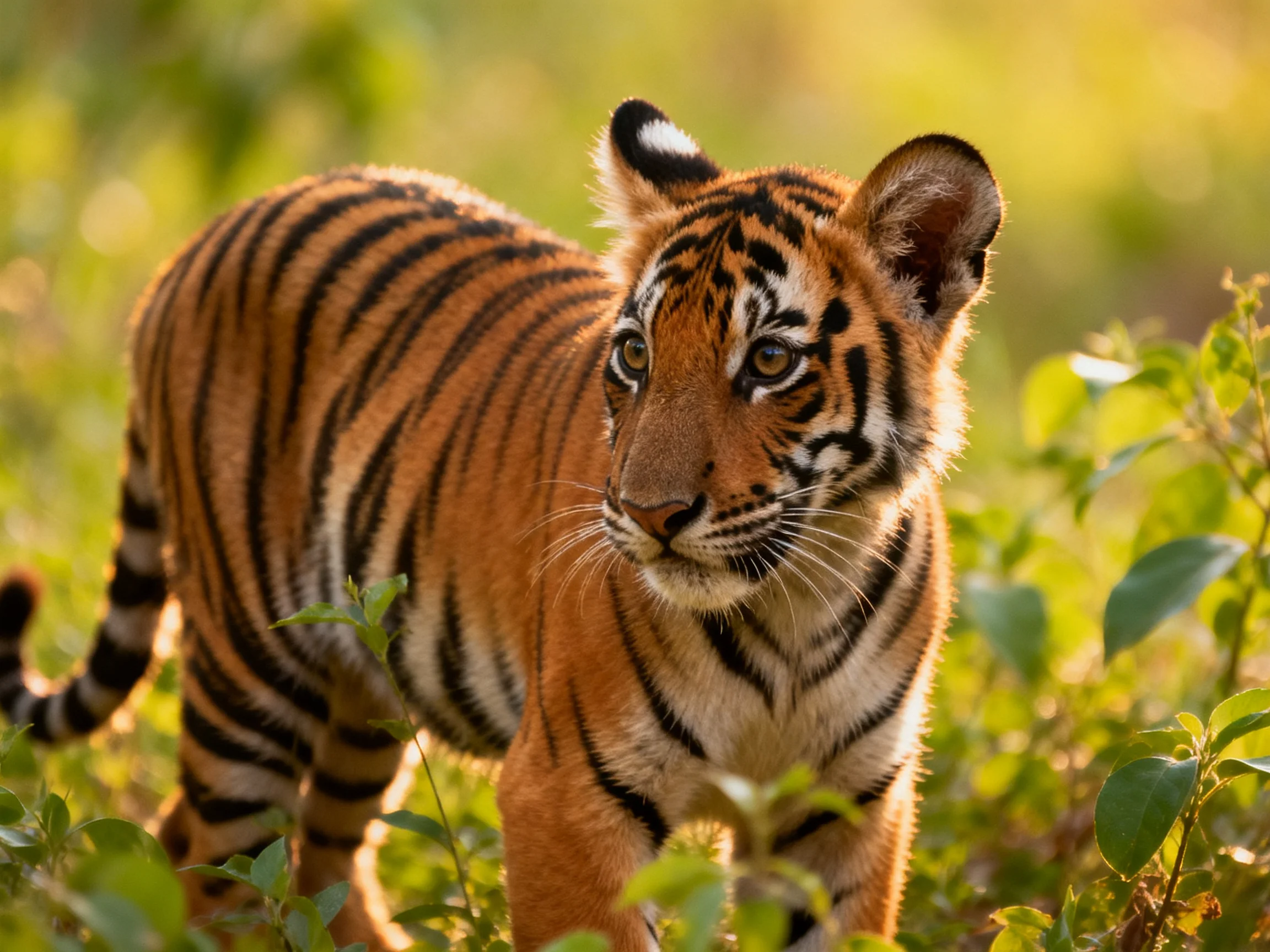 A young tiger cub roams through green foliage.