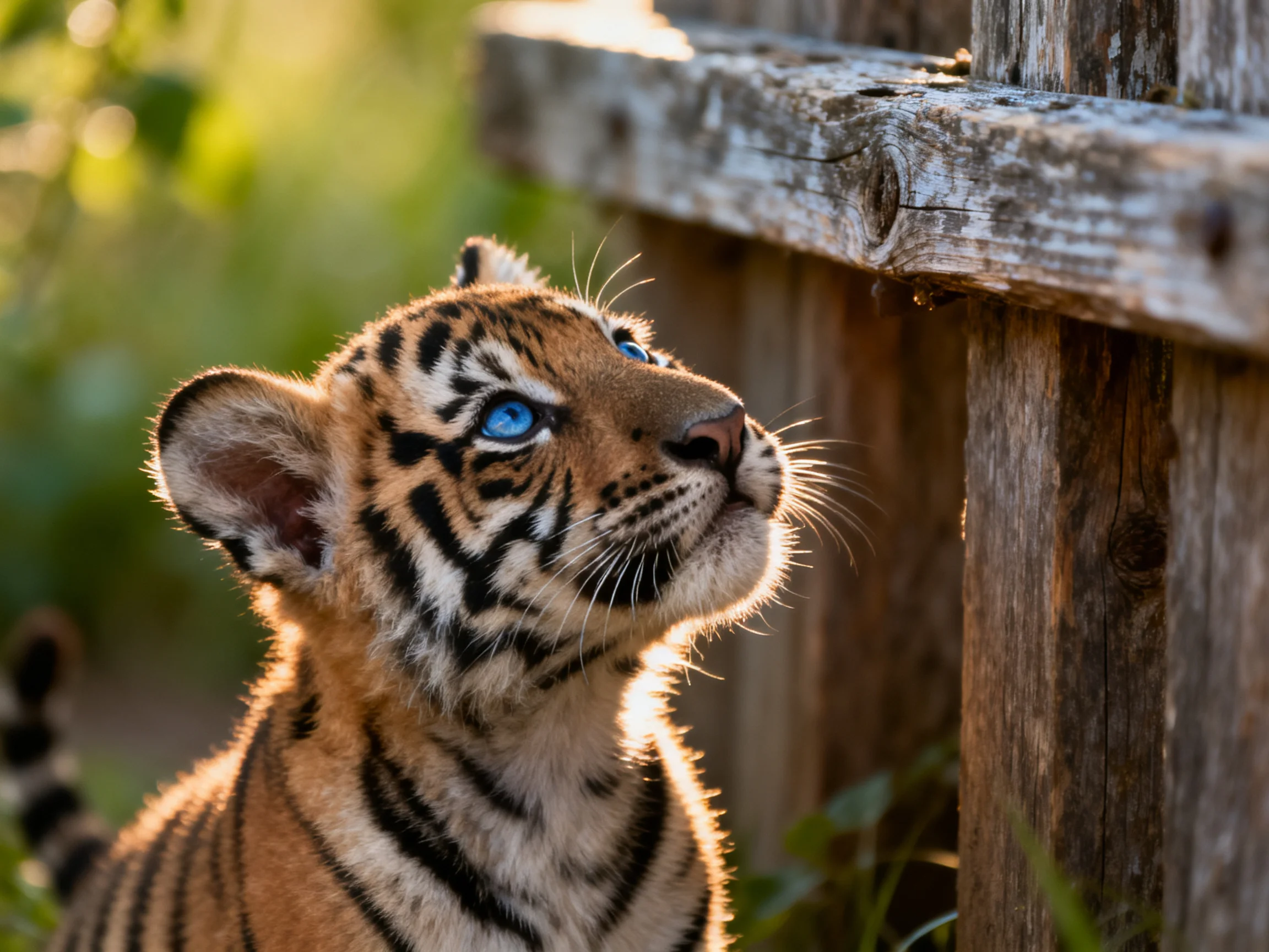 A young tiger cub with bright blue eyes stands near a wooden structure.