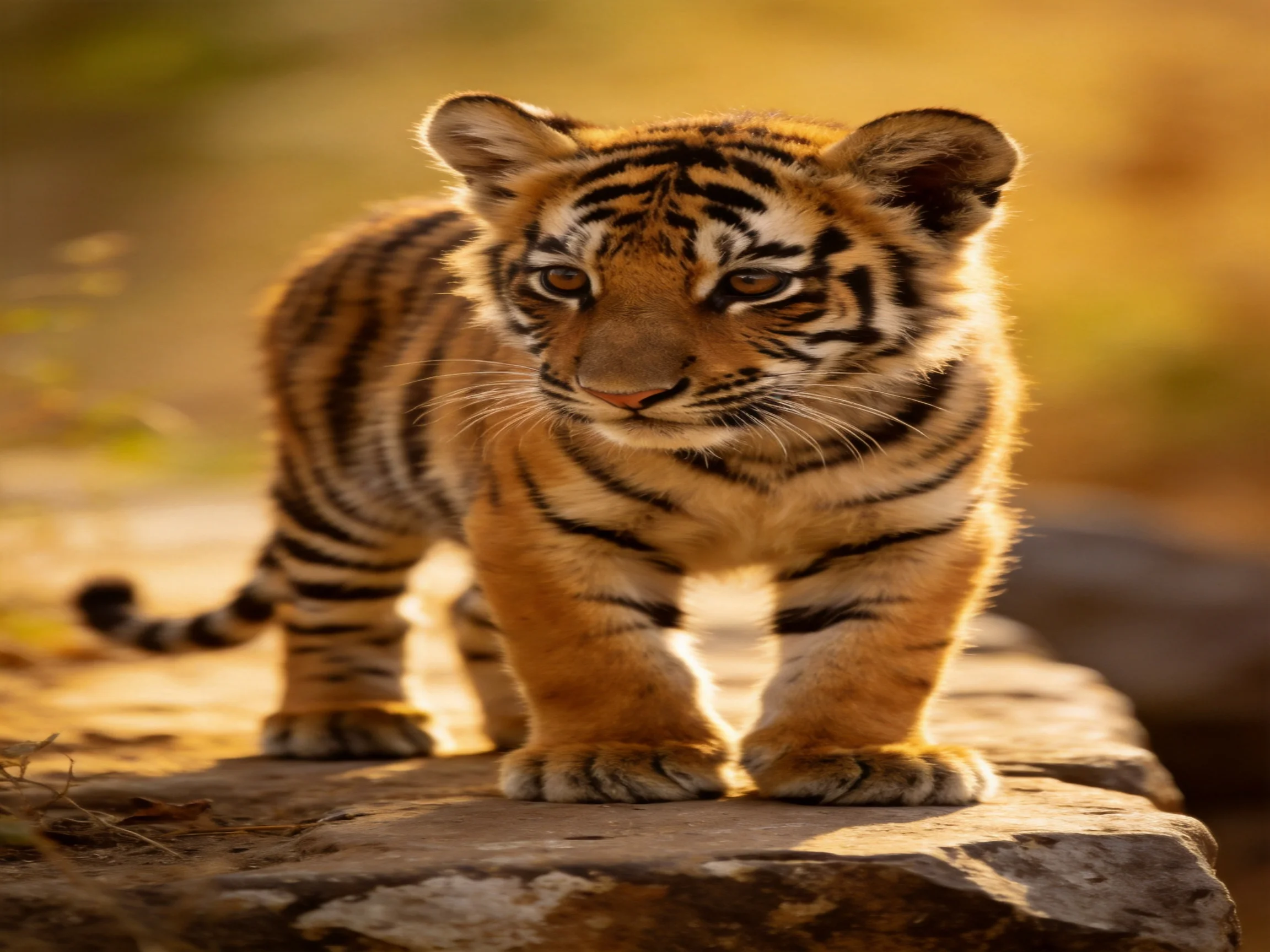 A young tiger cub with orange stripes stands on a sunlit rock.