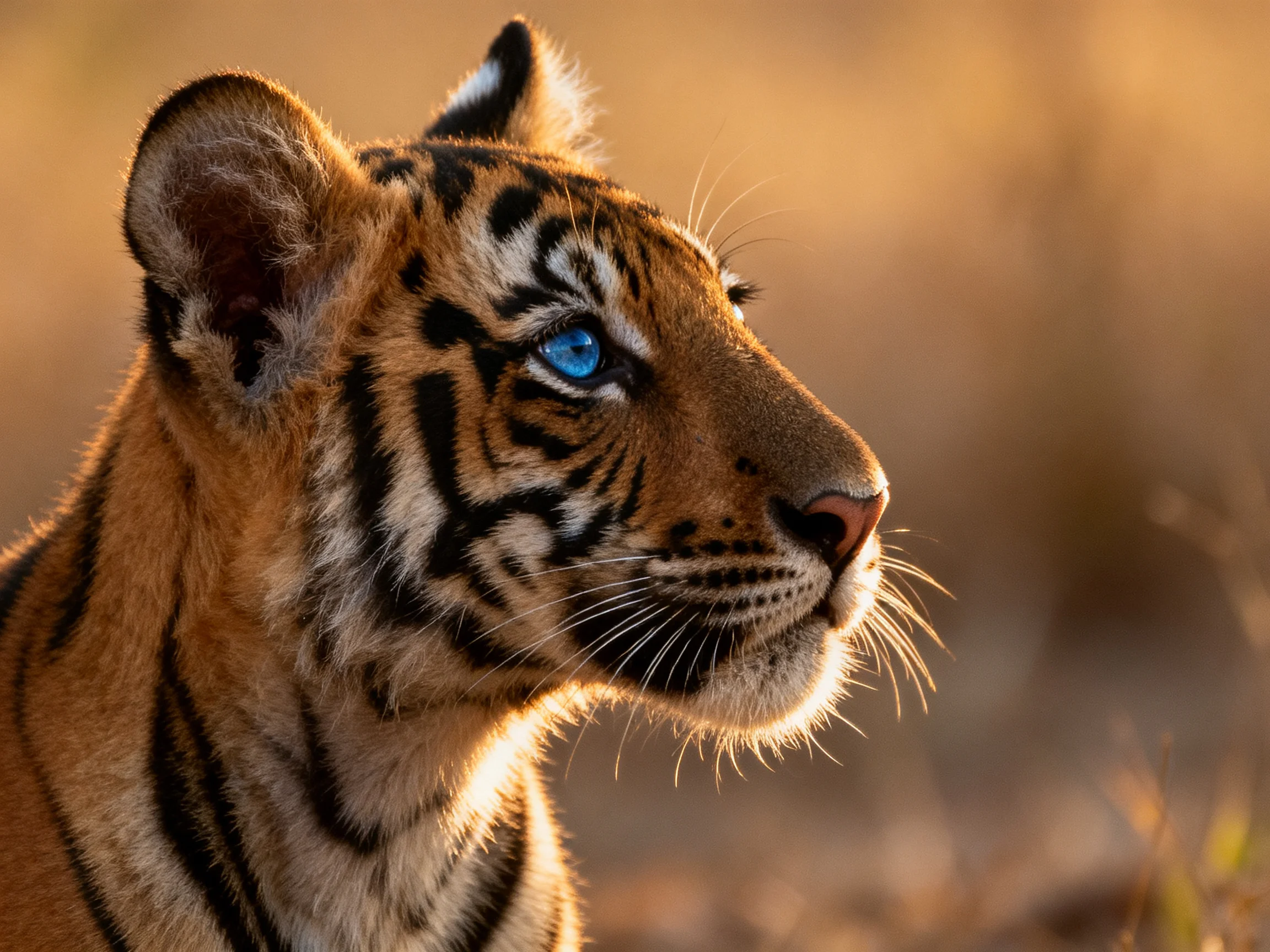 A young tiger cub gazes into the distance under warm, golden light.