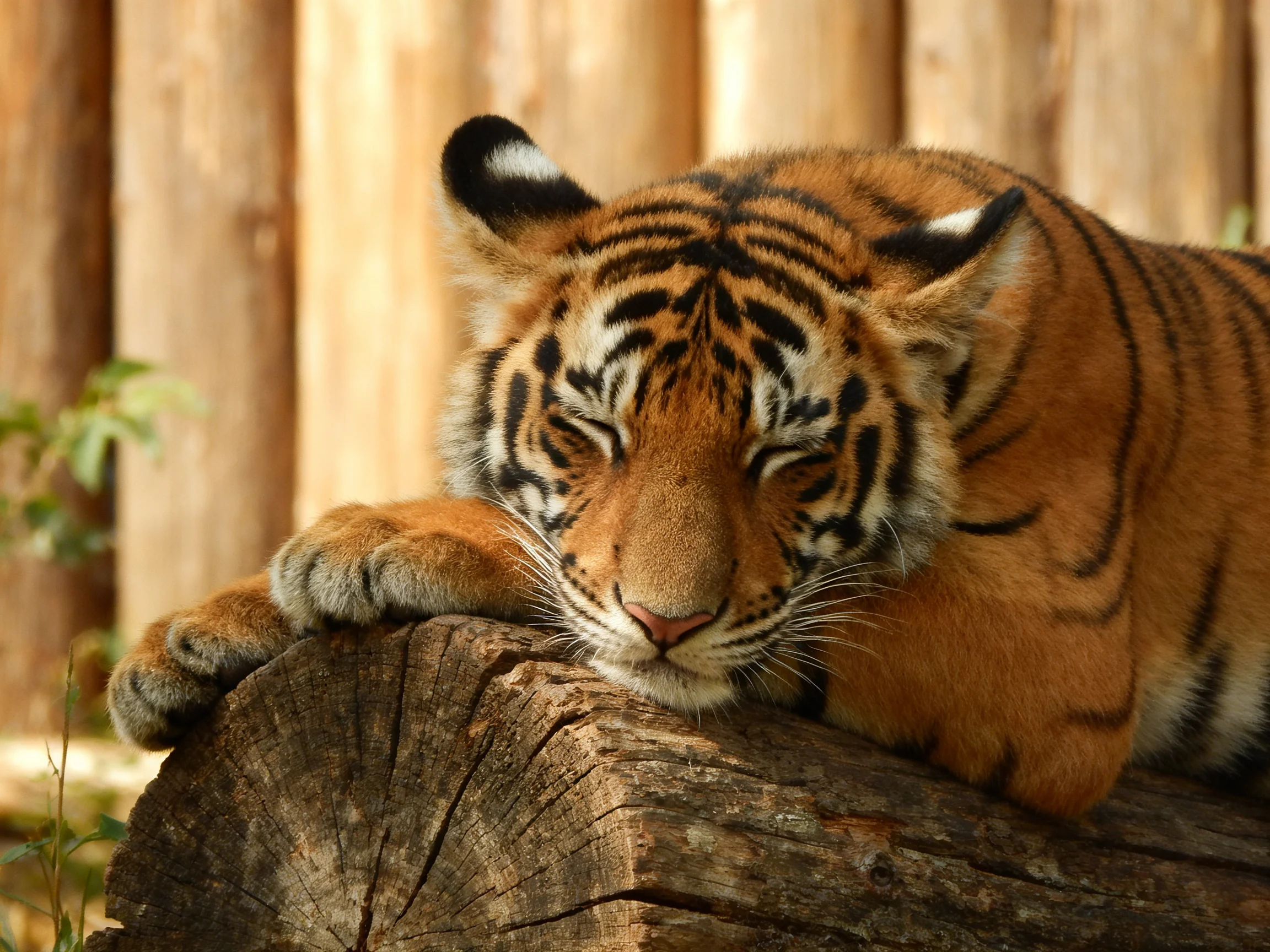 A young tiger rests on a weathered log near a wooden fence.