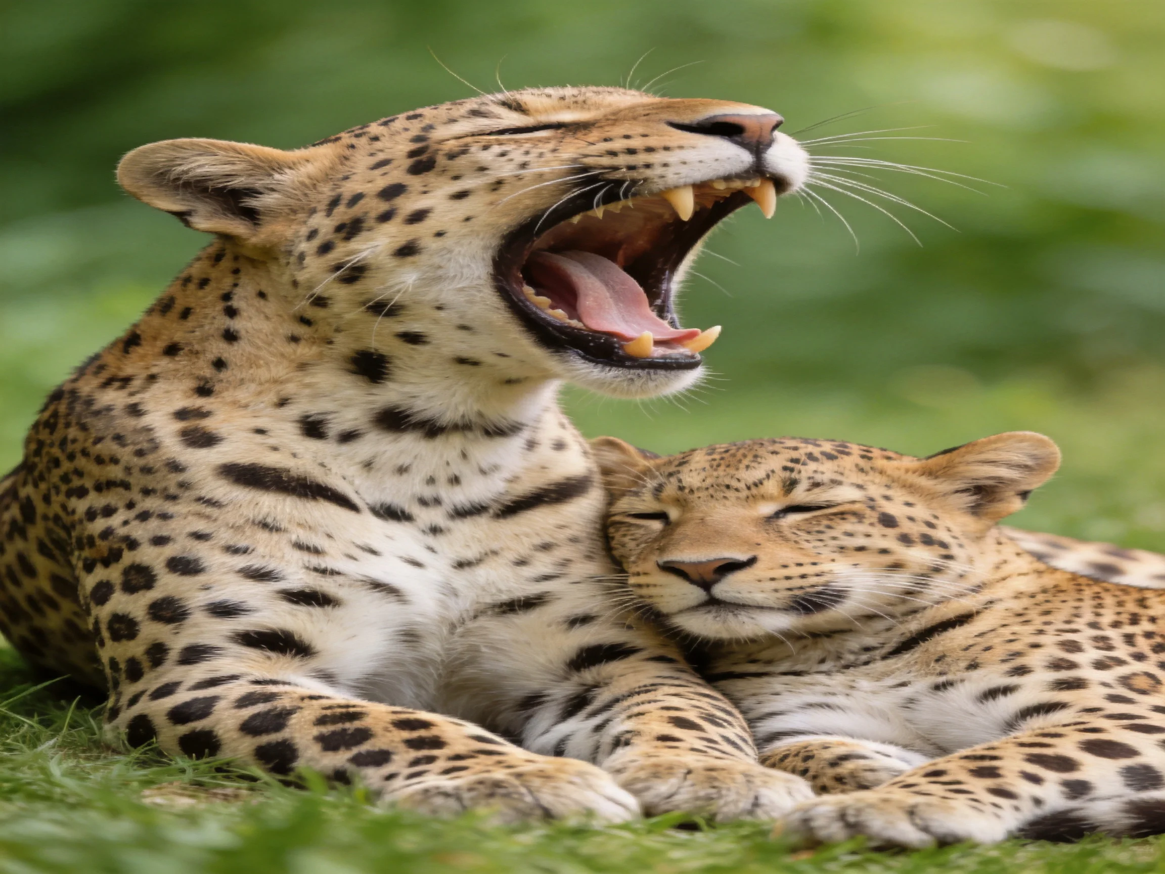 Two leopards rest closely, one yawning, on grass.