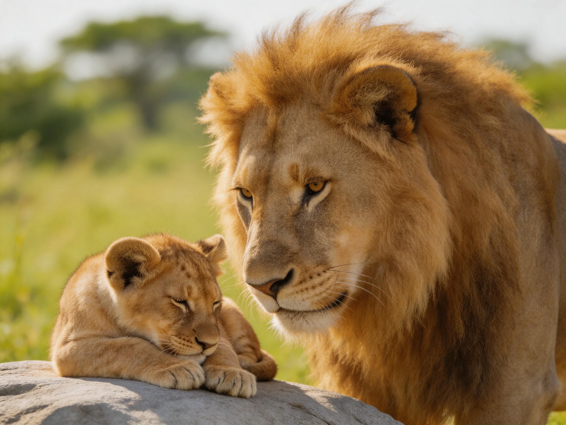 An adult lion and cub rest together on a rock in a sunlit savannah.