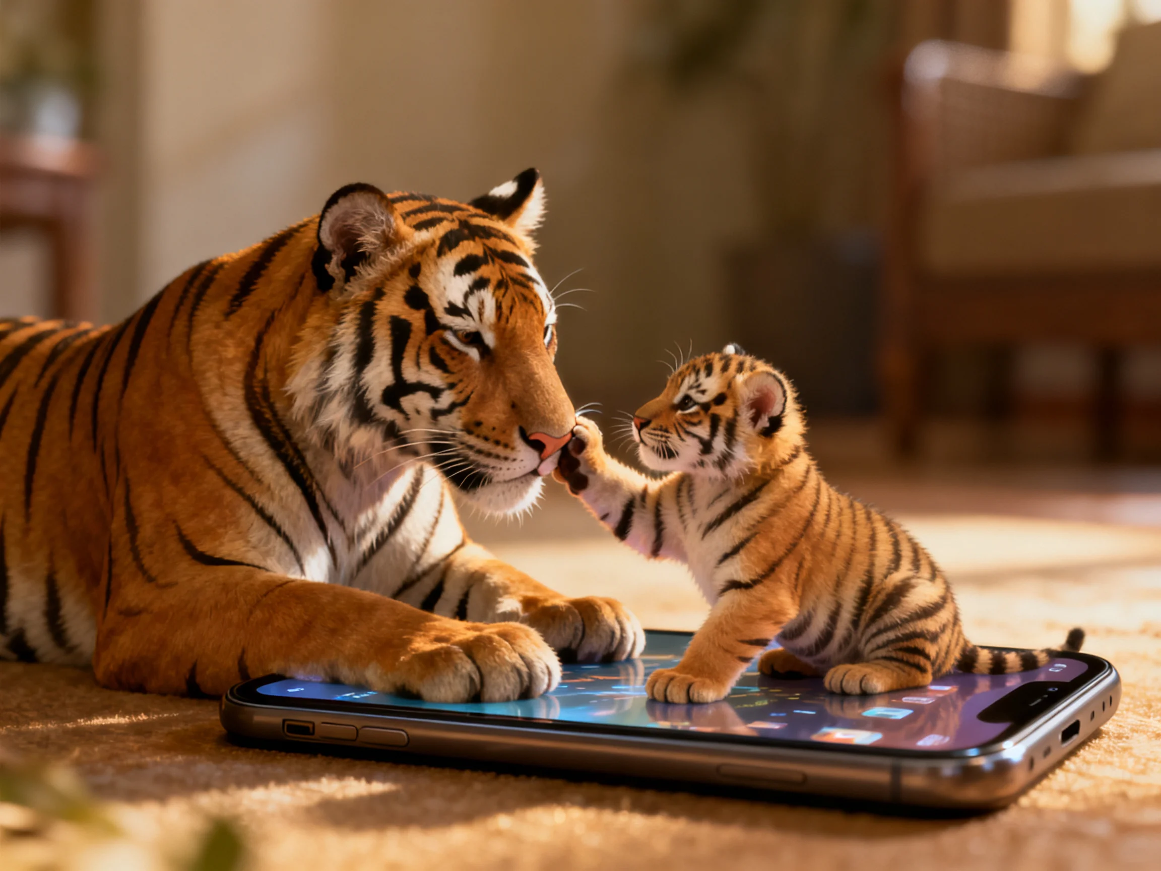 An adult tiger and cub engage near a smartphone indoors