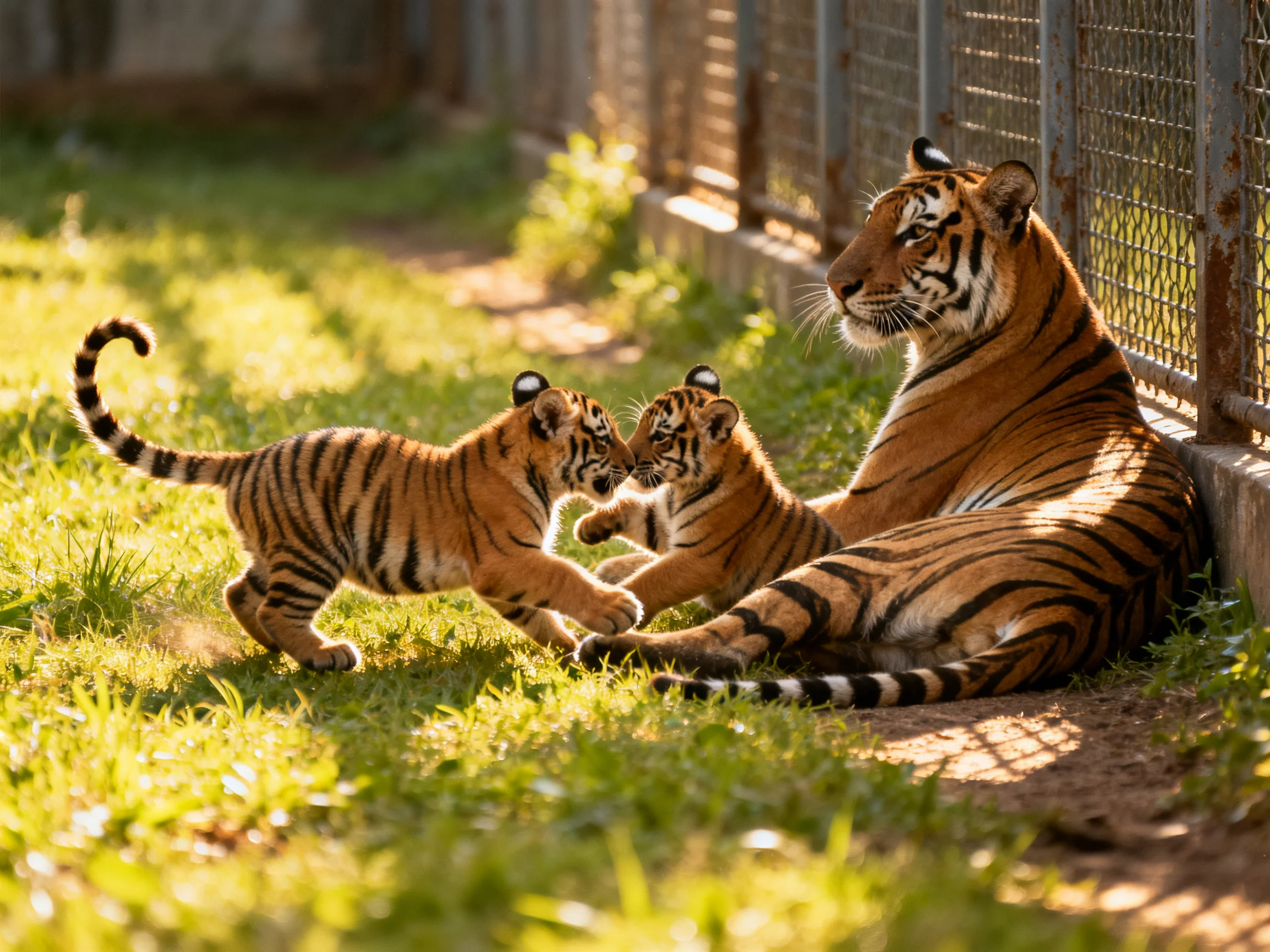 An adult tiger and two cubs with orange fur play on green grass near a metal fence