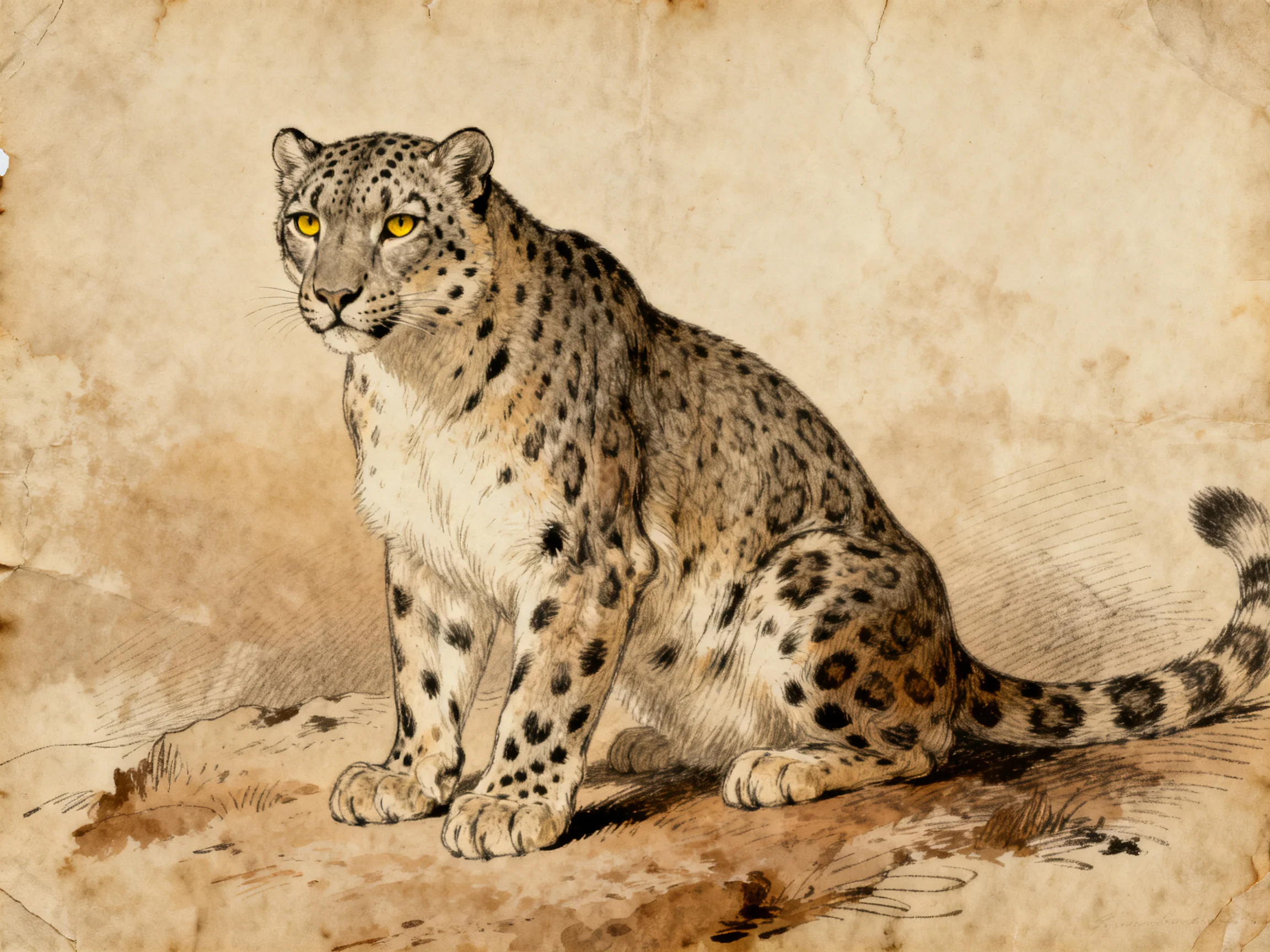 An illustrated snow leopard with spotted fur is depicted on aged paper.