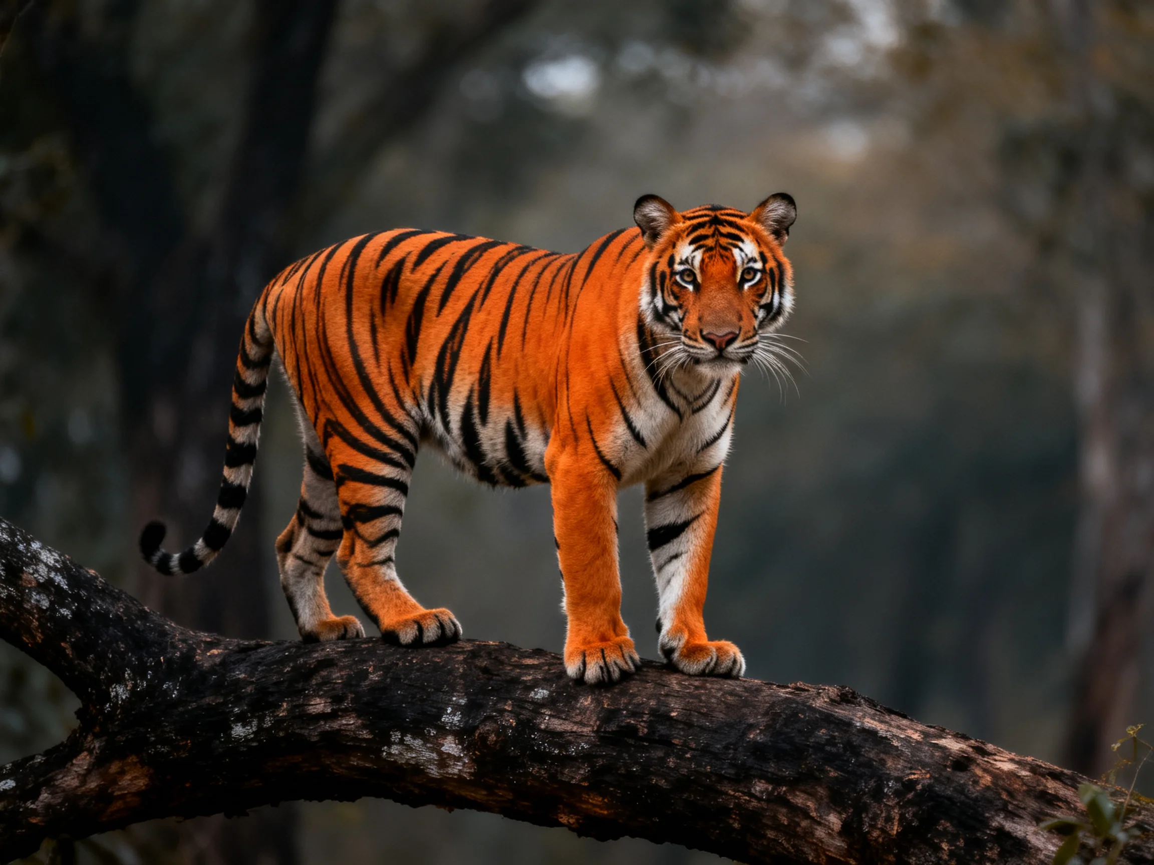An orange tiger stands on a thick tree branch in a forest.