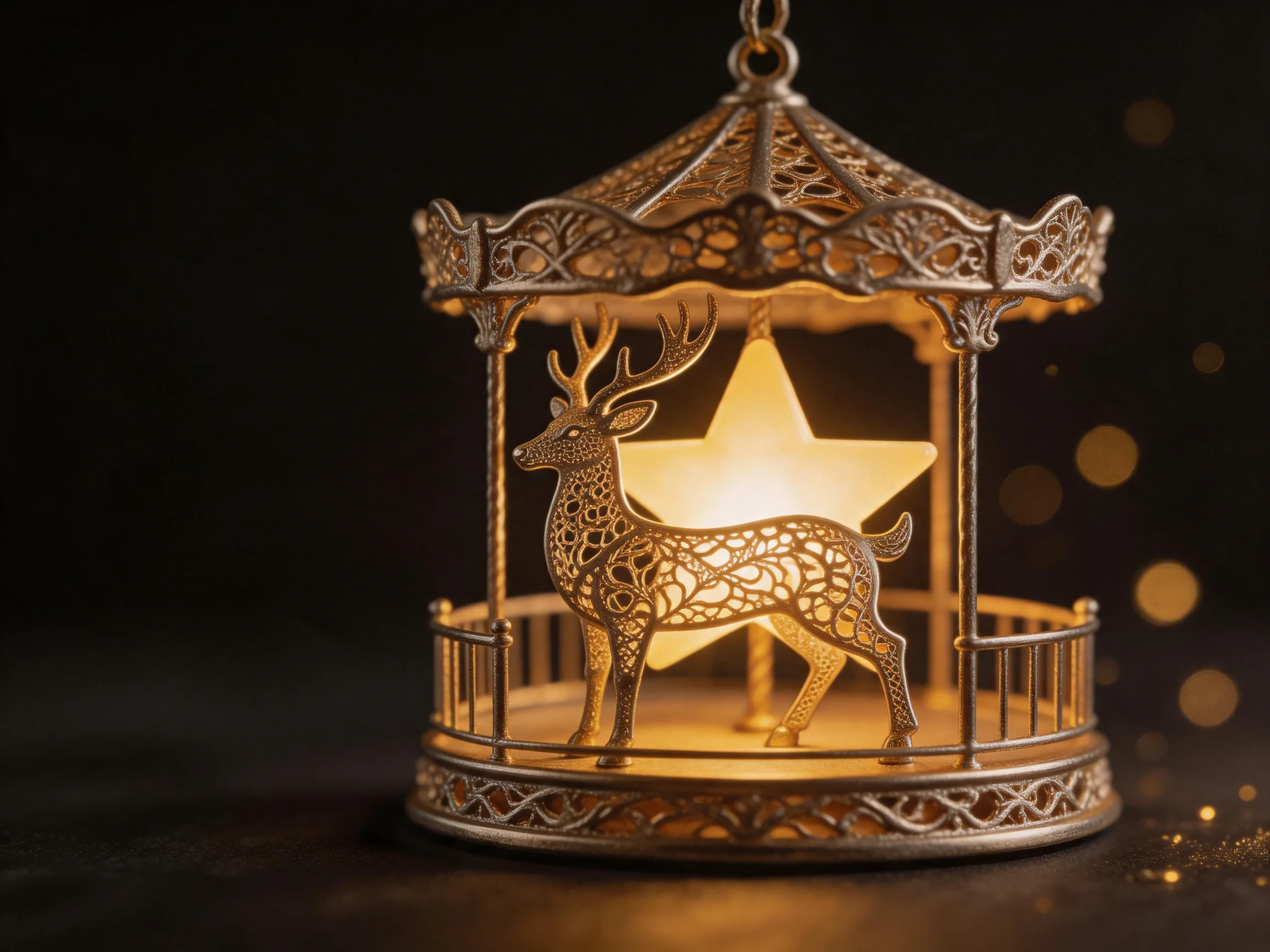An ornate lantern contains a reindeer and a glowing star.