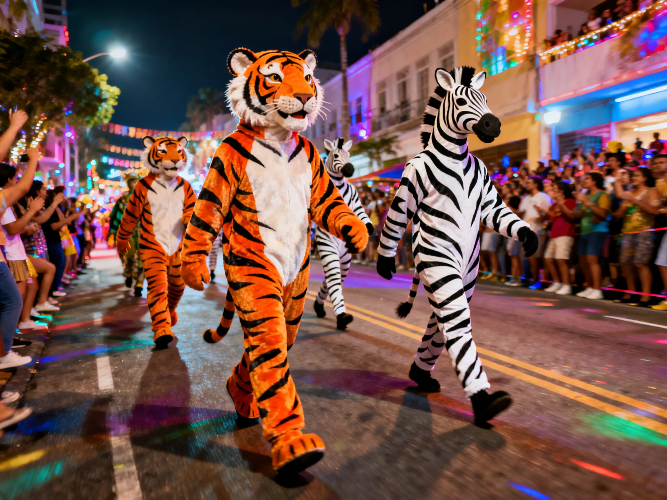Costumed performers march down a lit street during a nighttime festival.