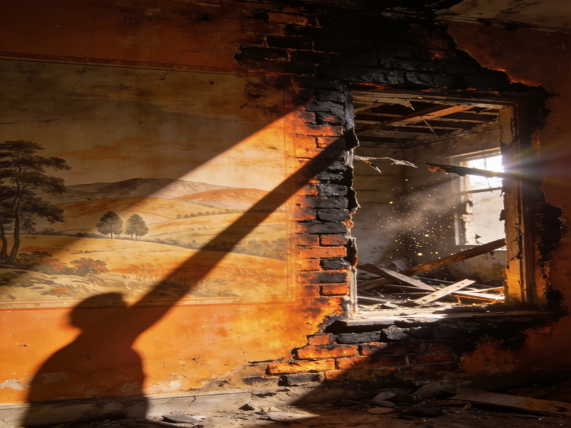A damaged room has a mural and sunlight through a broken window.