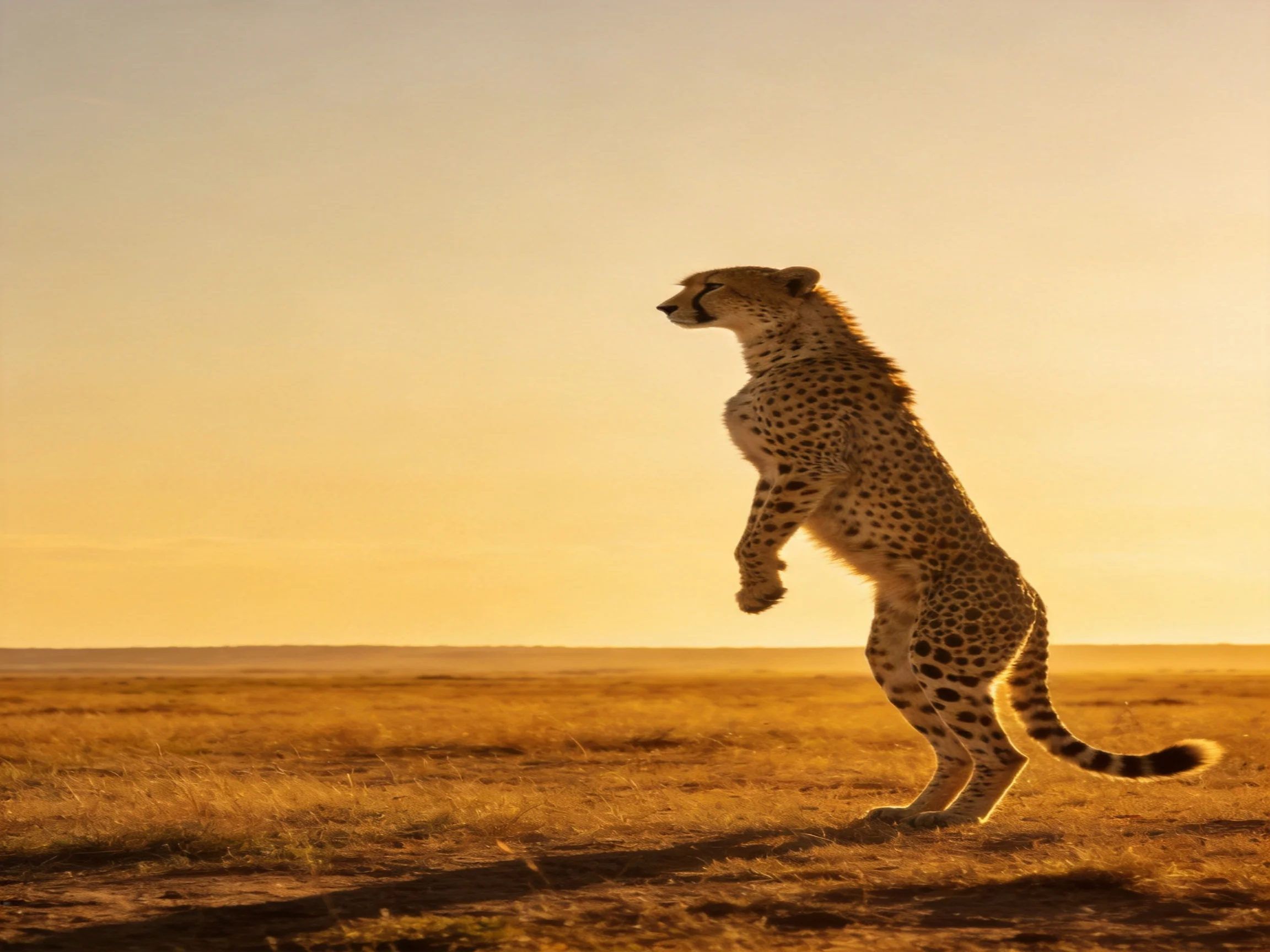 Cheetah leaping on golden savannah at sunset