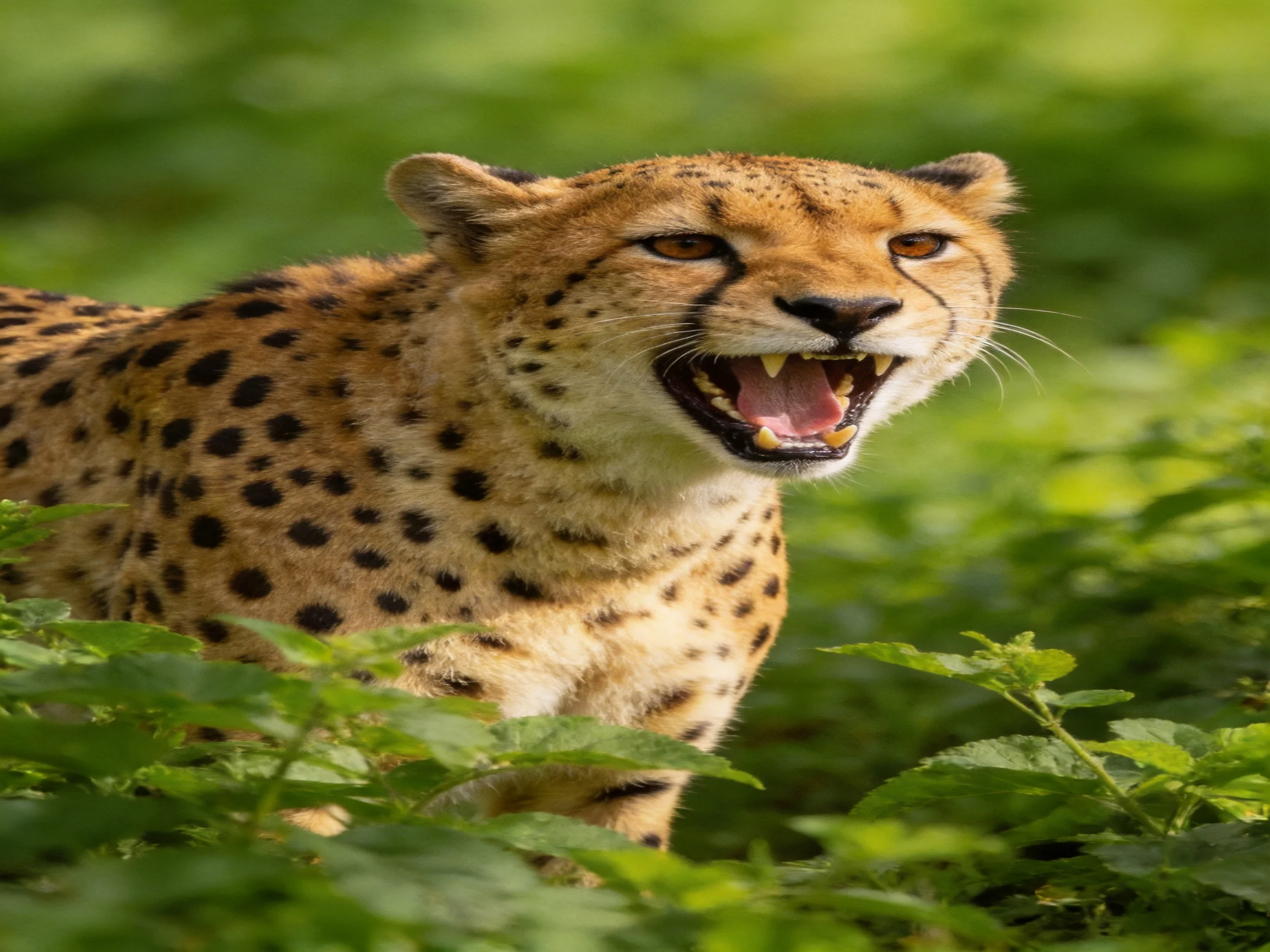 Cheetah with black spots in lush green foliage