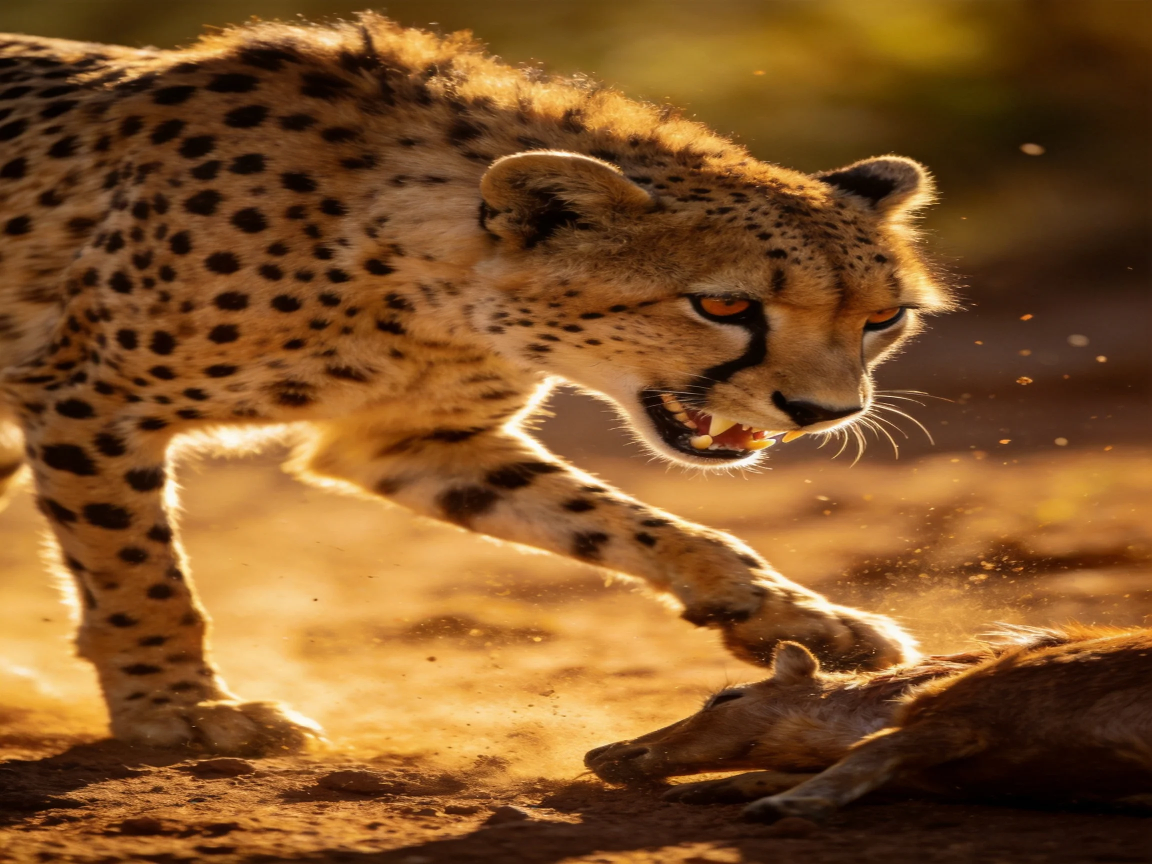 Cheetah with spotted coat attacking prey in golden dust terrain