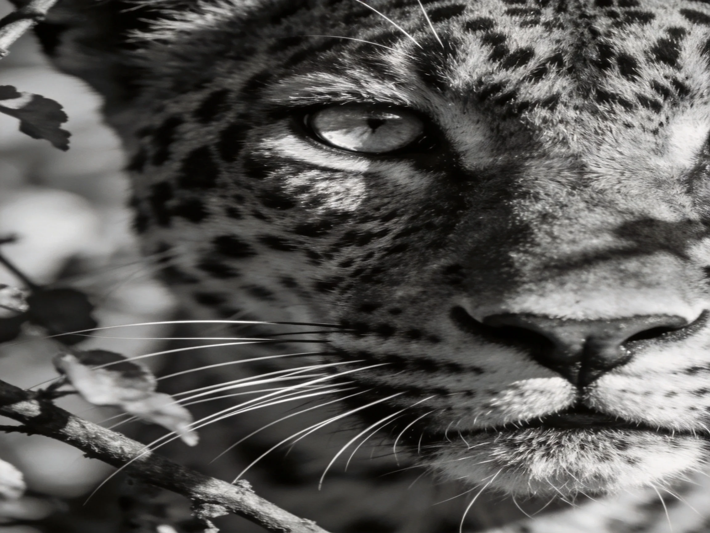 A black - and - white close - up displays a leopard’s spotted face.