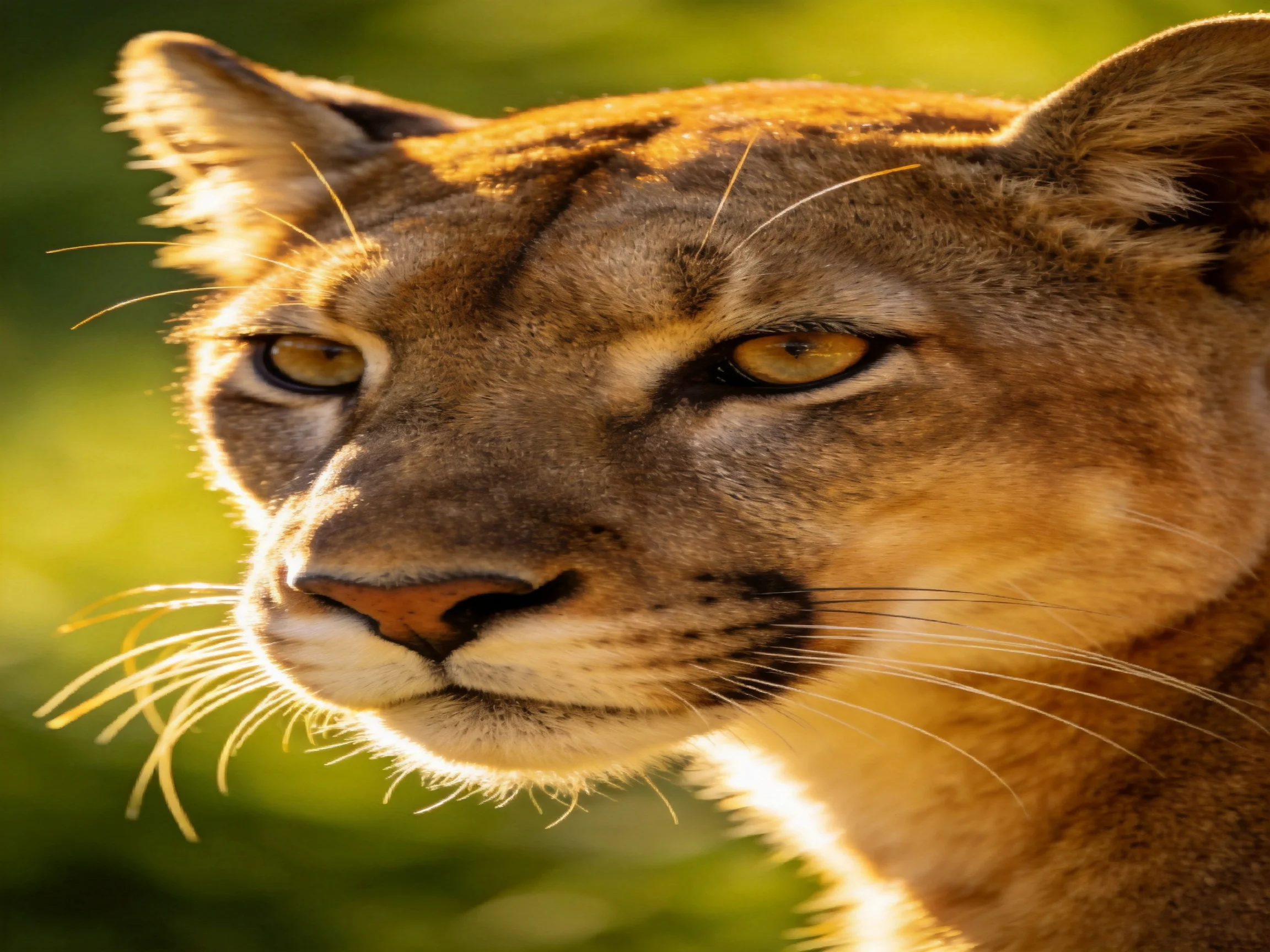 A close - up of a cougar with golden fur gazes intently against a blurred green backdrop.