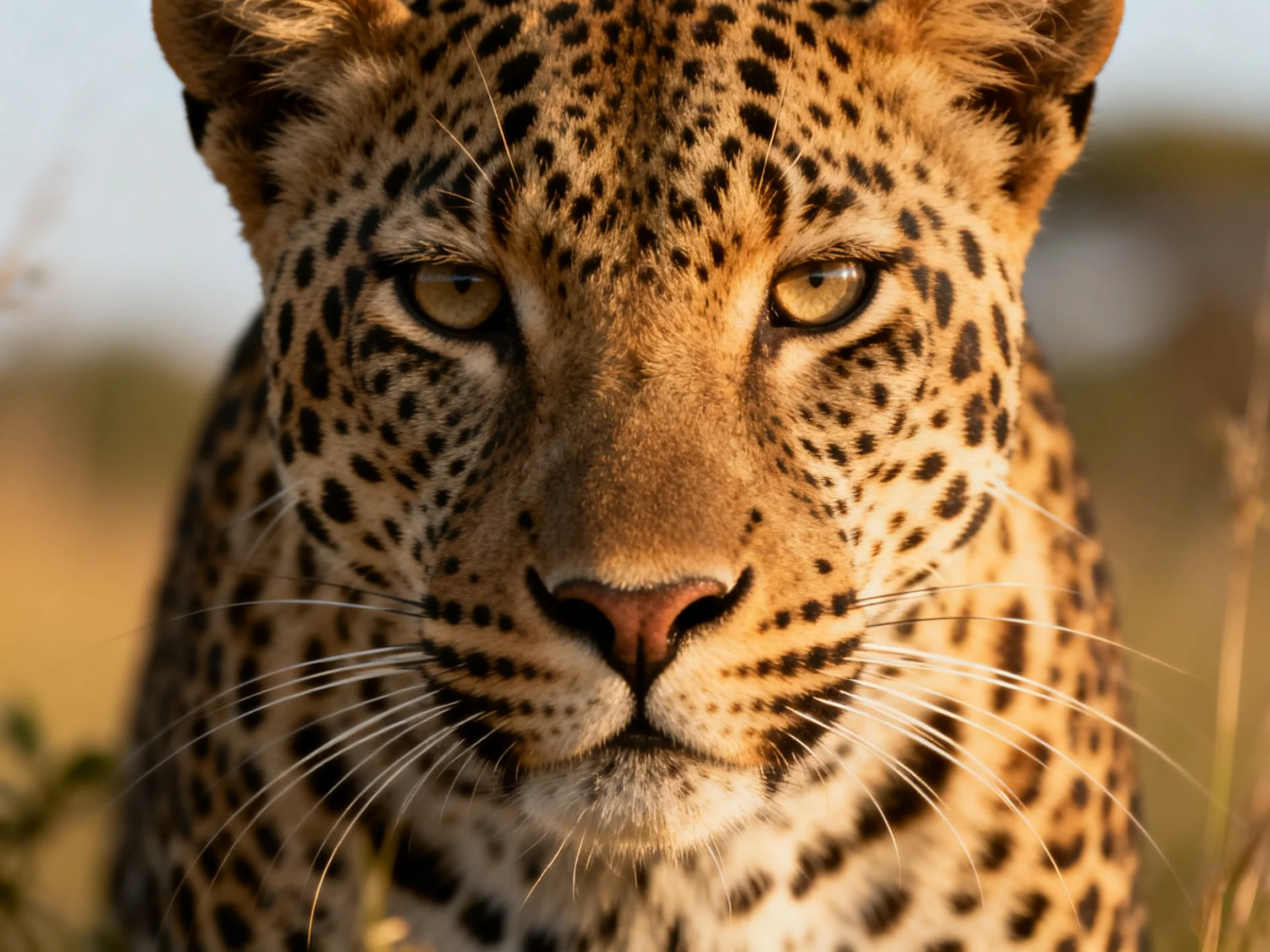 A golden - spotted leopard stares directly at the camera amid blurred savannah.