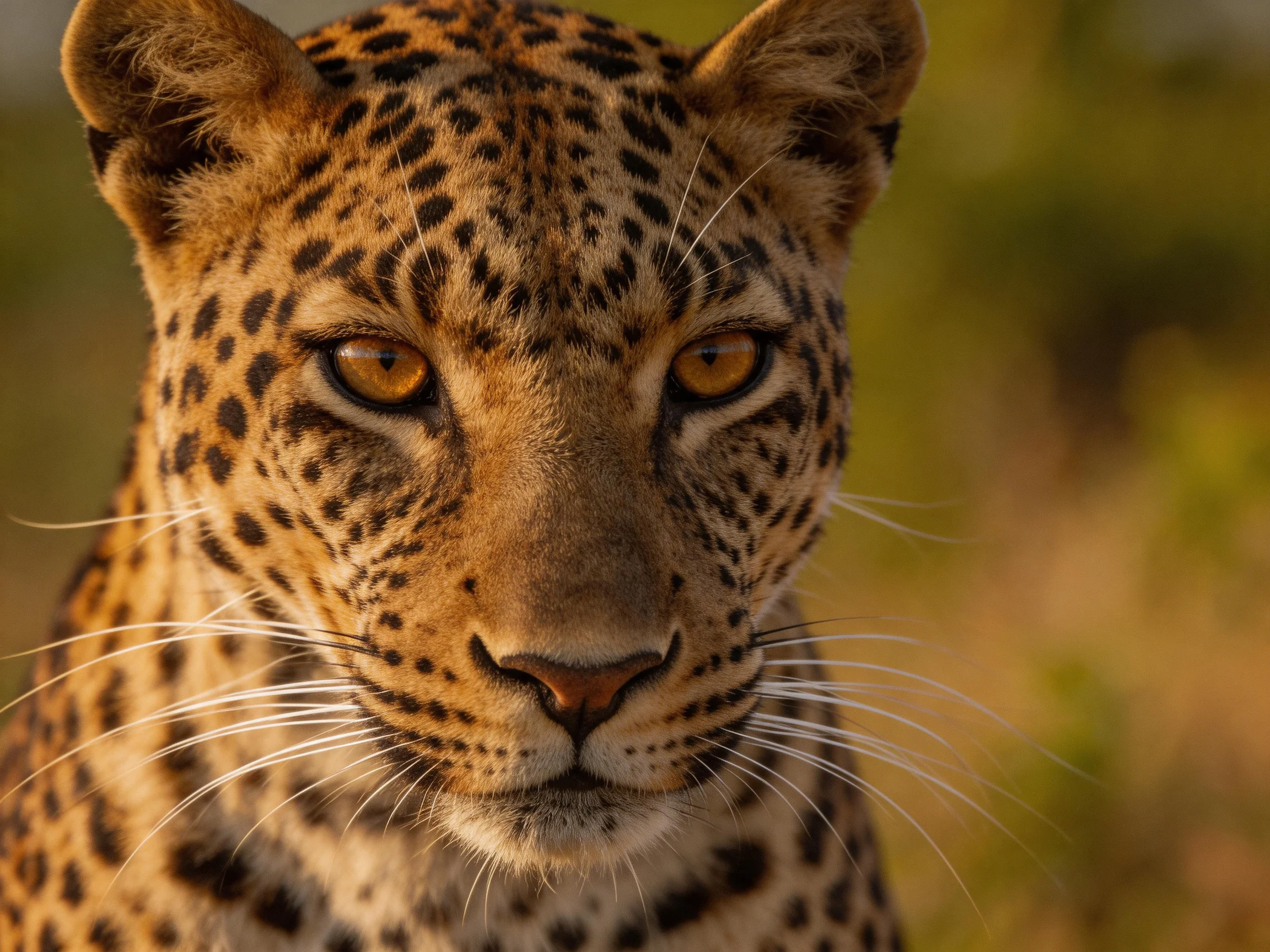 A close - up of a leopard with amber eyes and distinctive spotted fur.