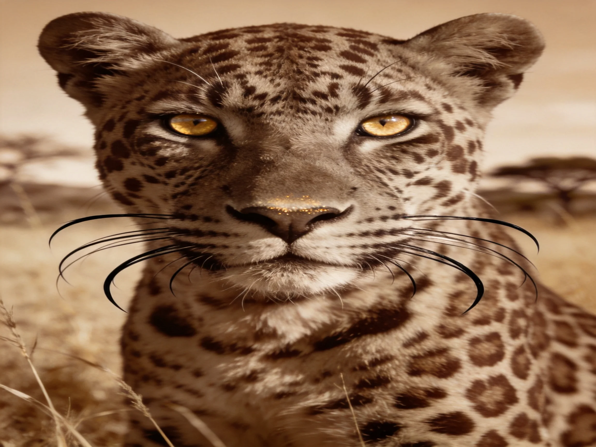 A close - up of a leopard with golden eyes in a savannah setting.
