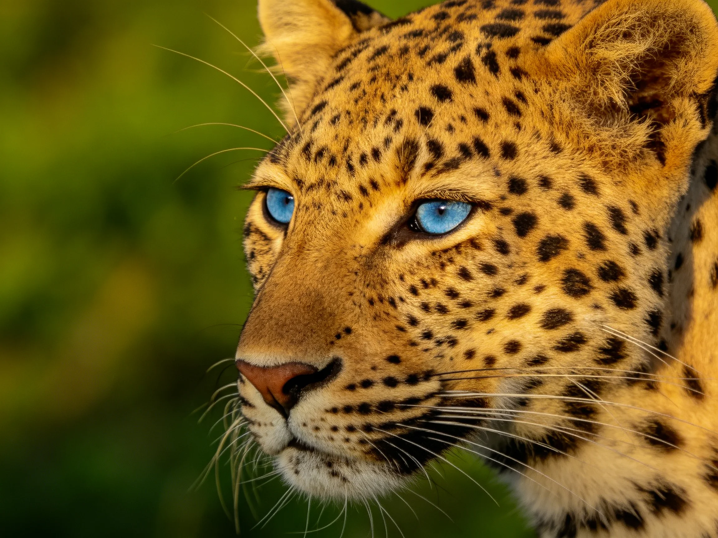 A close - up shows a leopard with bright blue eyes against a blurred green backdrop.