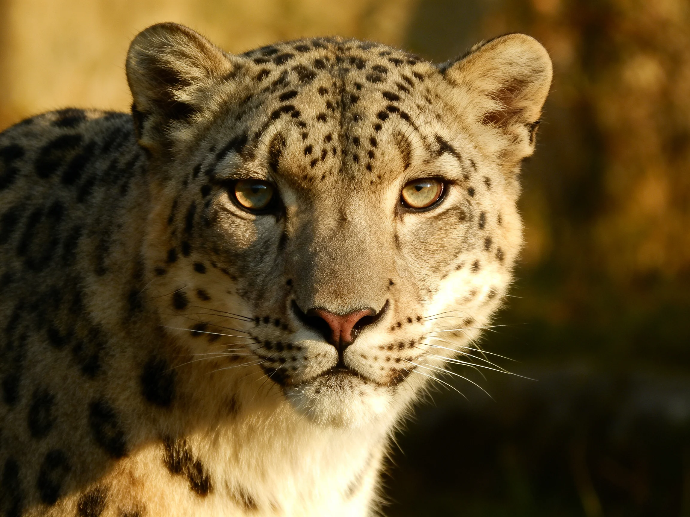 A close - up shows a snow leopard’s spotted fur in golden light.