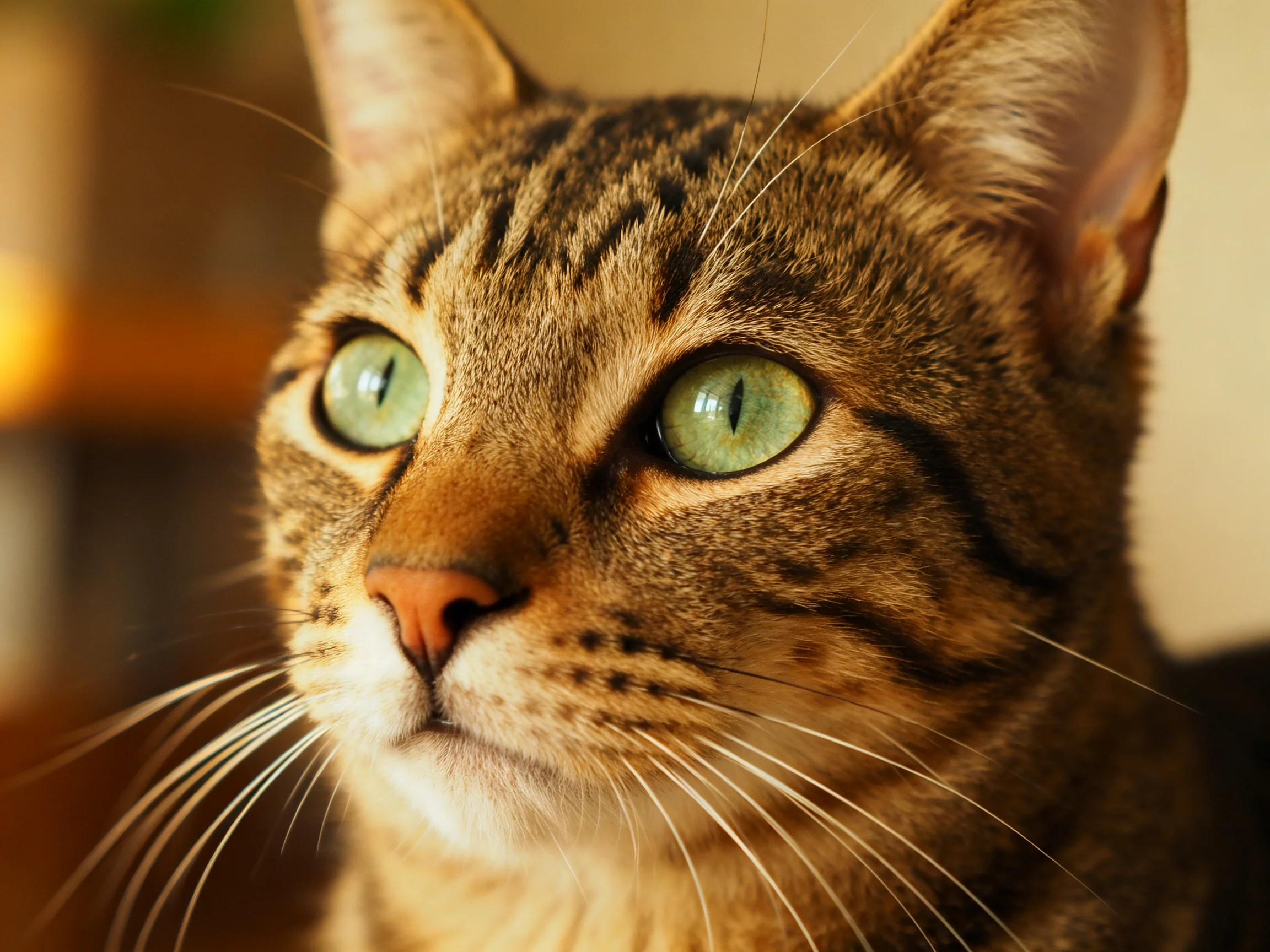 A tabby cat with green eyes looks attentively in a close - up shot.